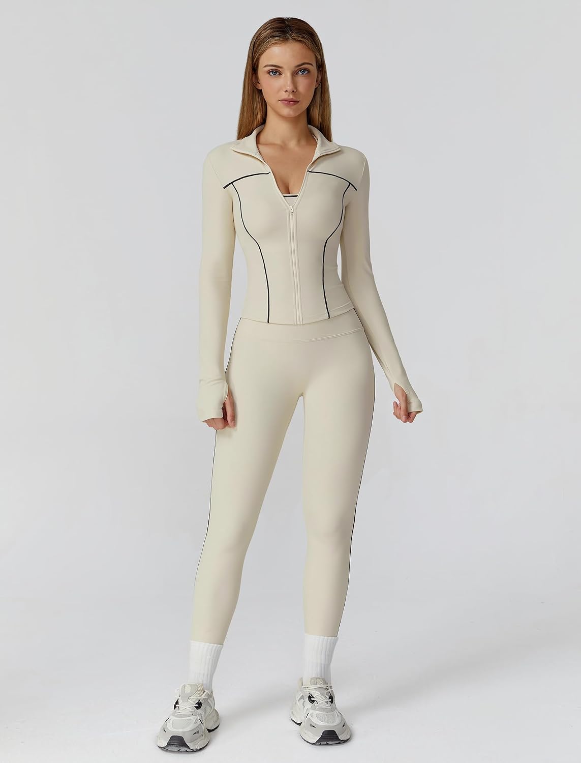 Women's 3 Piece Zip Jacket Bra Leggings Set Cream