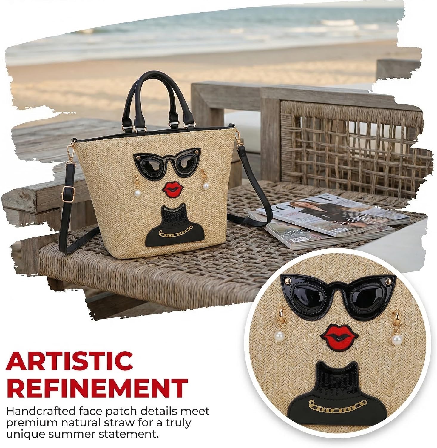 Women's Straw Applique Tote Bag Beige