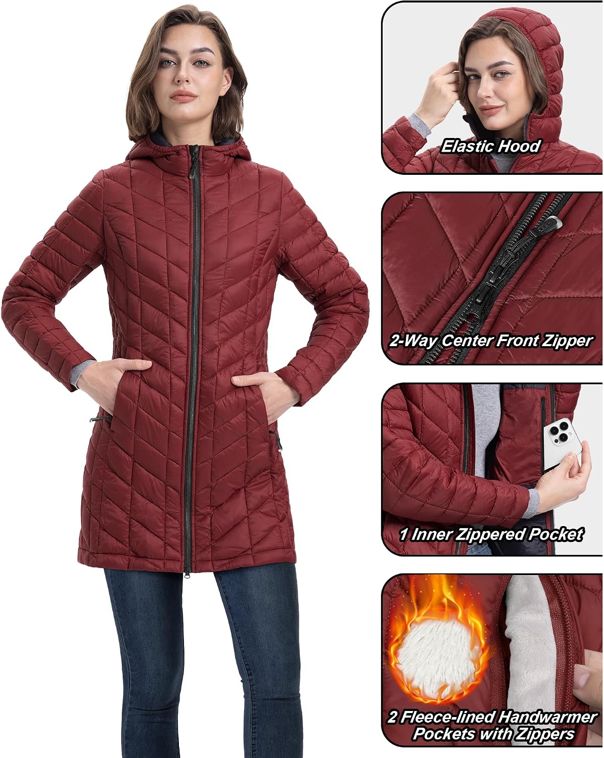 Women's Lightweight Hooded Diamond Quilted Puffer Coat Burgundy Women's Lightweight Hooded Diamond Quilted Puffer Coat Burgundy