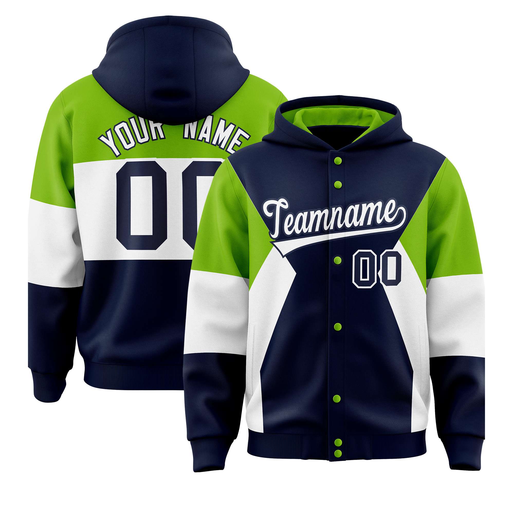 Custom Neon Green-White Color Block Varsity Full-Snap Letterman Jacket Hoodie