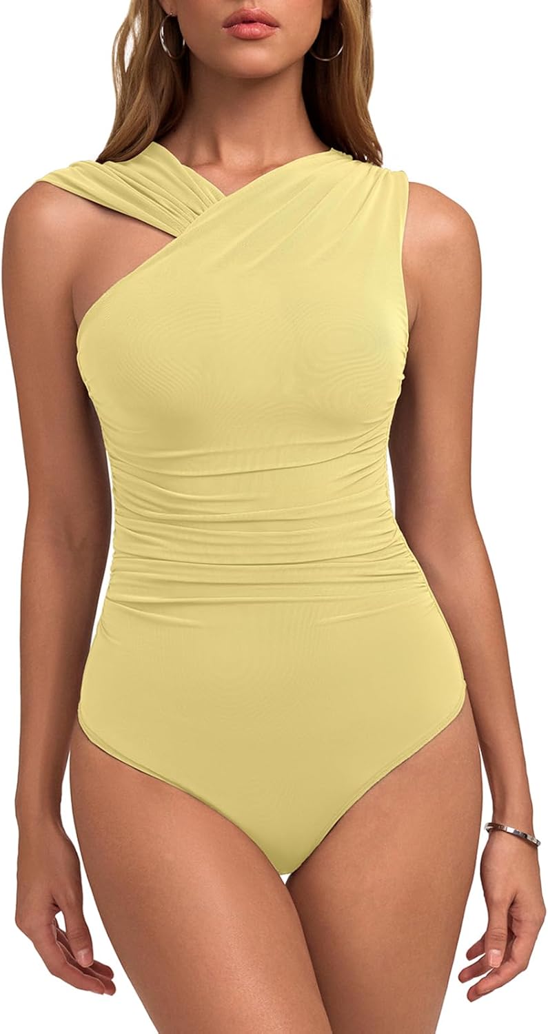 Womens Sexy Asymmetrical Leopard Print Mesh Ruched Going Out Bodysuits Tank Tops