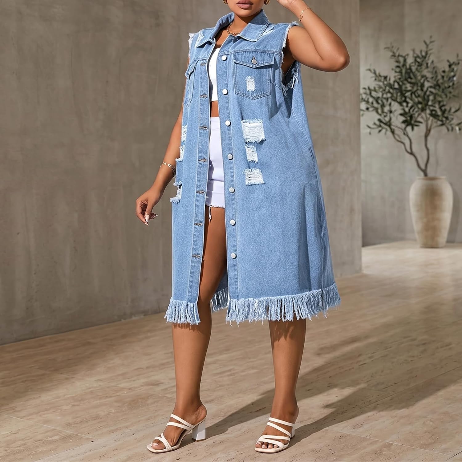 Women's Distressed Long Denim Vest Fringe Hem Button Down