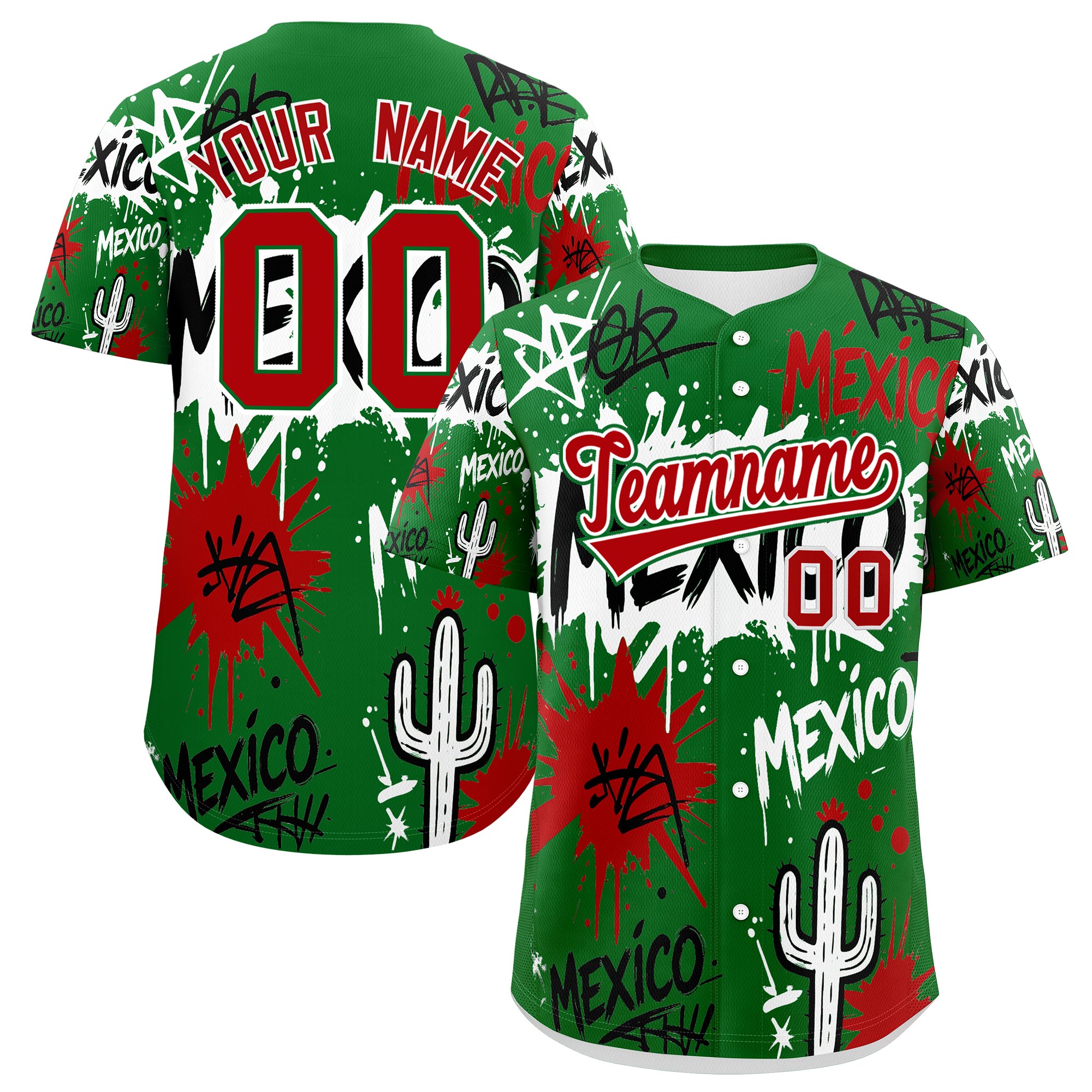 Benutzerdefiniertes Baseball-Trikot aus Stretchstoff mit Graffiti-Muster im mexikanischen Stil Benutzerdefiniertes Baseball-Trikot aus Stretchstoff mit Graffiti-Muster im mexikanischen Stil