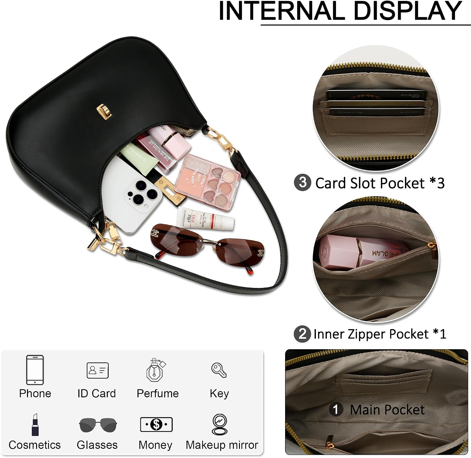 Women's Black PU Hobo Shoulder Bag Gold Clasp