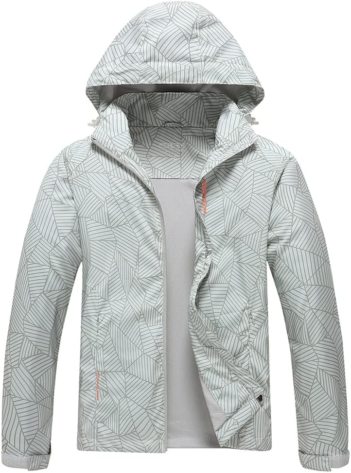 Women's Packable Hooded Rain Jacket Grey Geometric Print
