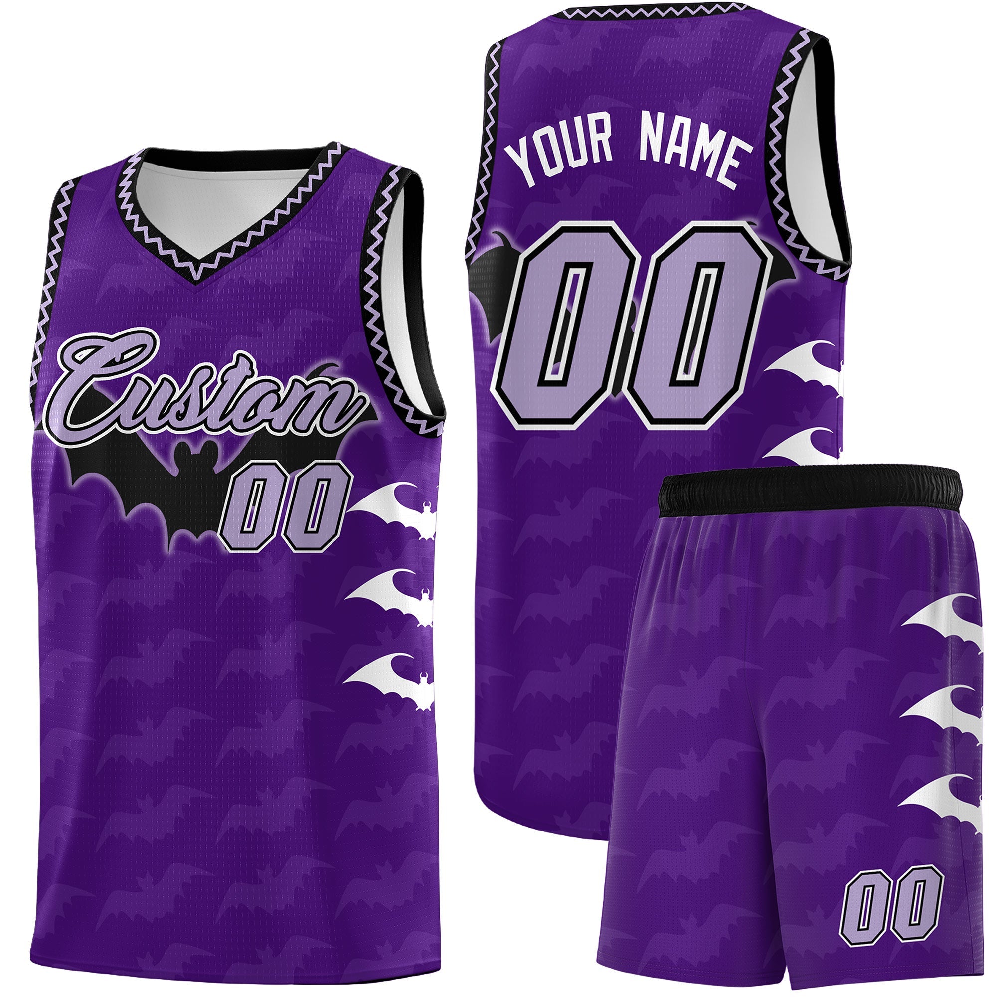 Benutzerdefiniertes hellviolettes Fledermausmuster-Halloween-Basketballtrikot