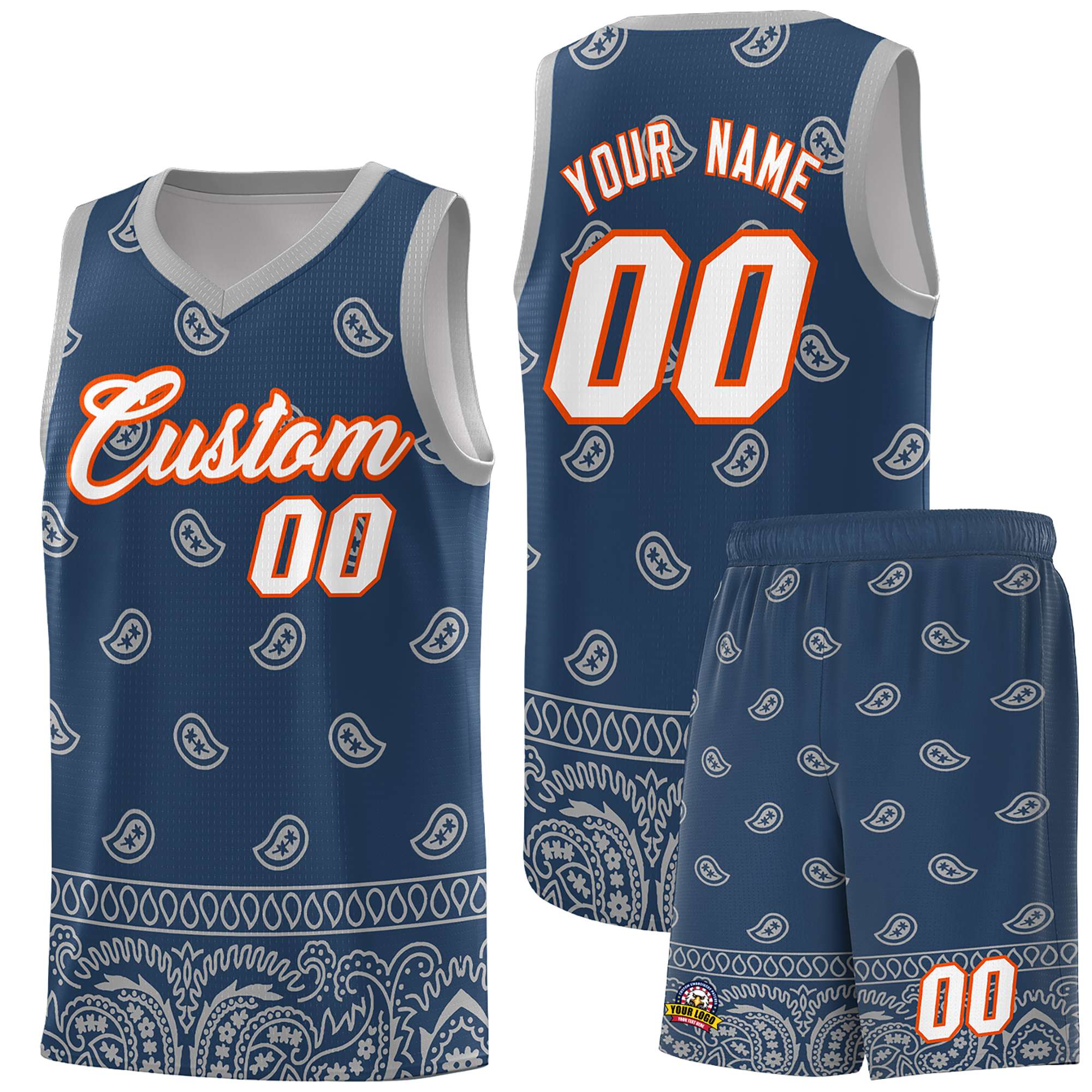 Benutzerdefiniertes Mitternachtsblau-Grau-personalisiertes Cashew-Muster-Sportuniform-Basketballtrikot