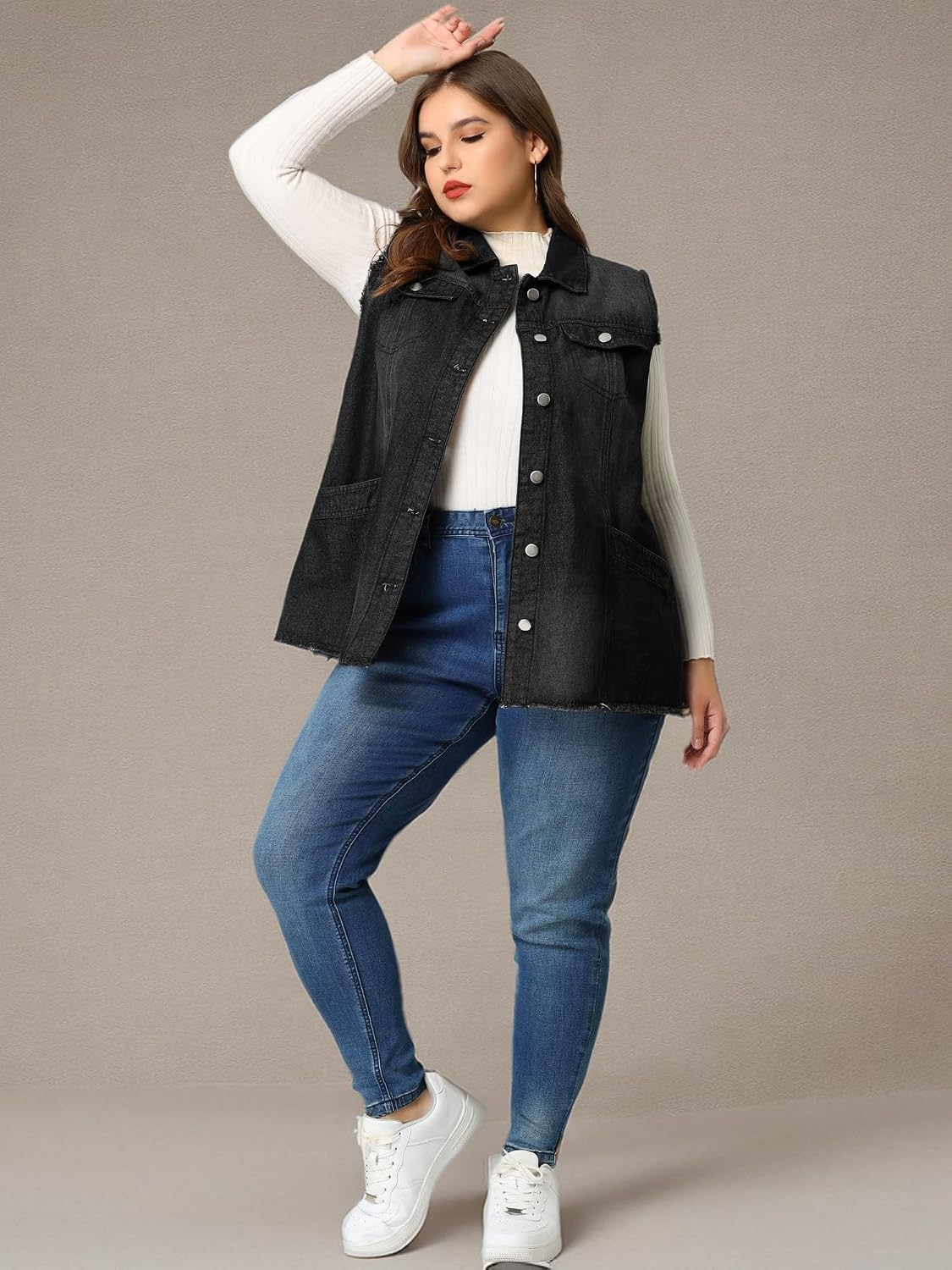 Women's Long Denim Vest Lapel Frayed Hem Washed Black Women's Long Denim Vest Lapel Frayed Hem Washed Black