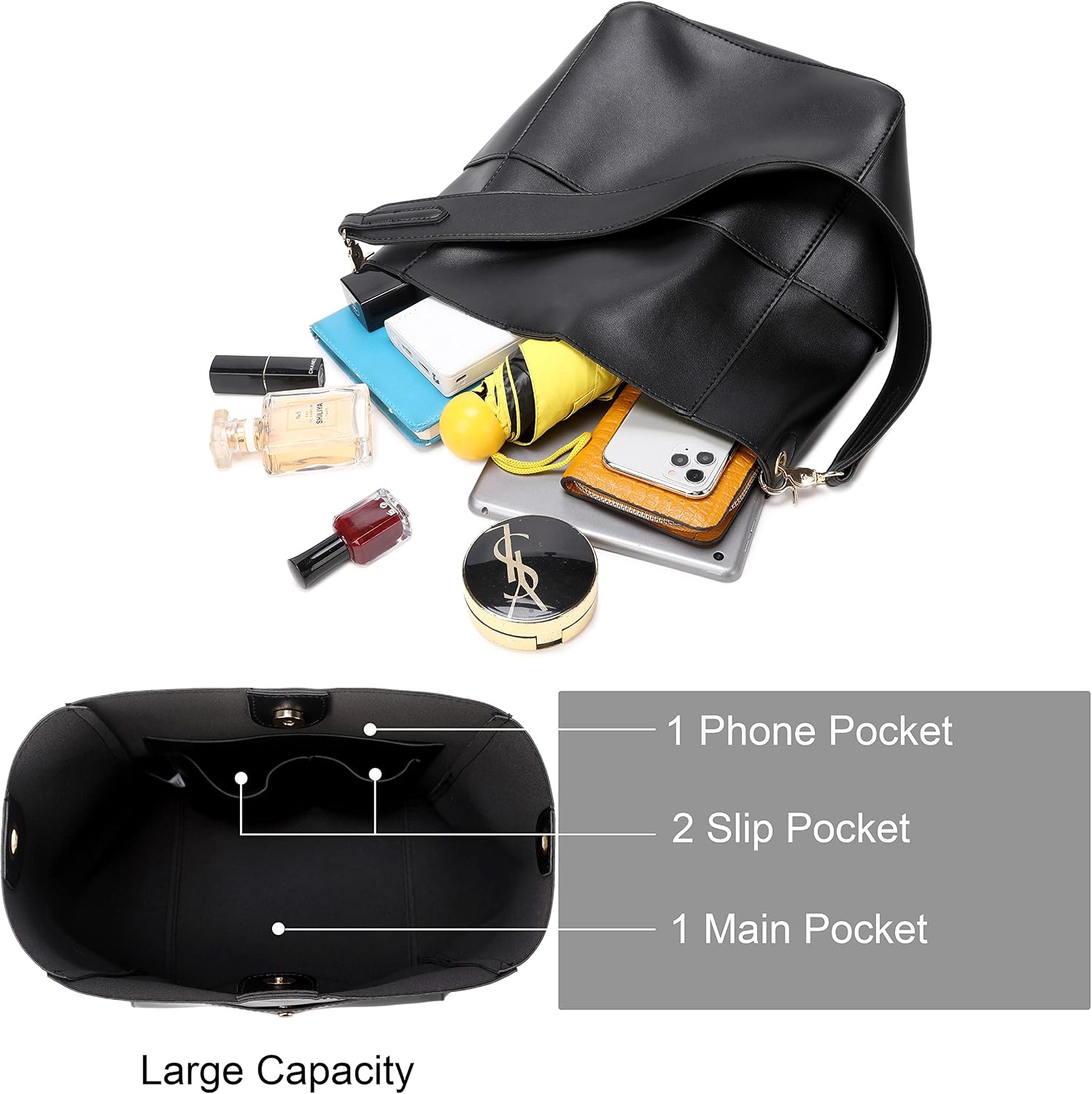 Women's Soft Vegan Leather Hobo Tote Bag Black Women's Soft Vegan Leather Hobo Tote Bag Black
