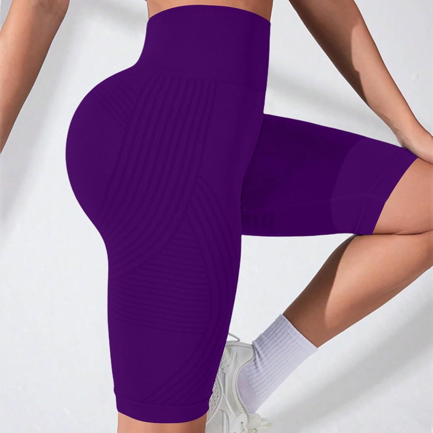 Women's High Waist Textured Knit Biker Shorts (Purple) Women's High Waist Textured Knit Biker Shorts (Purple)