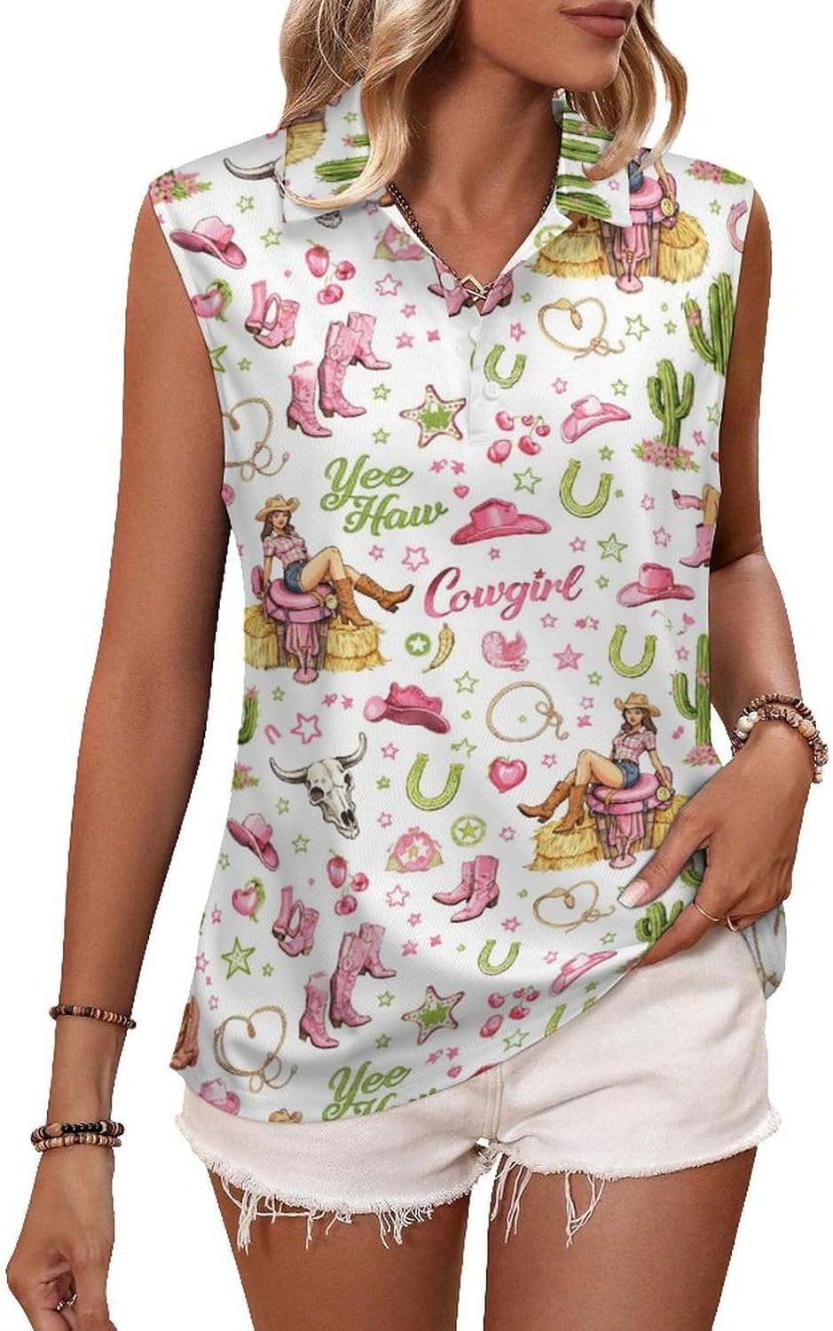 Women's Sleeveless Golf Polo Tank Cowgirl Print UPF 50