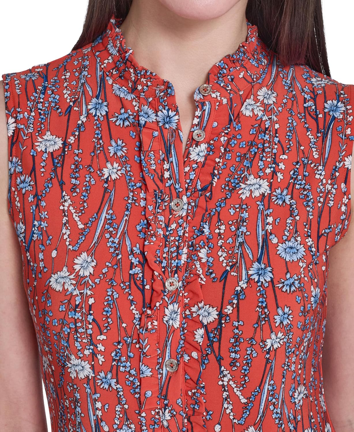Women's Floral Print Sleeveless Button Up Shirt, Red