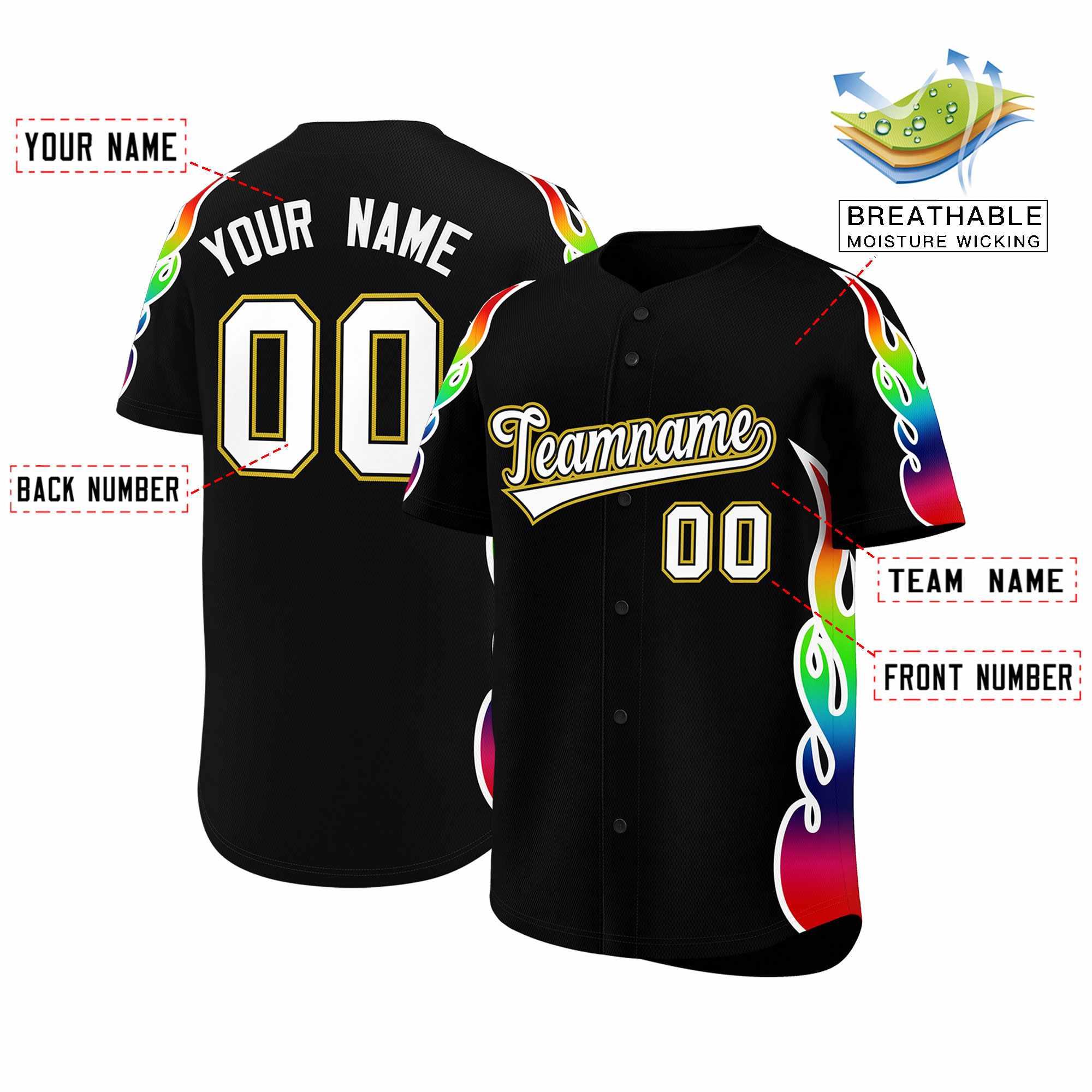 Benutzerdefiniertes Graffiti-Muster, personalisierter mehrfarbiger Flammendruck, authentisches Baseball-Trikot