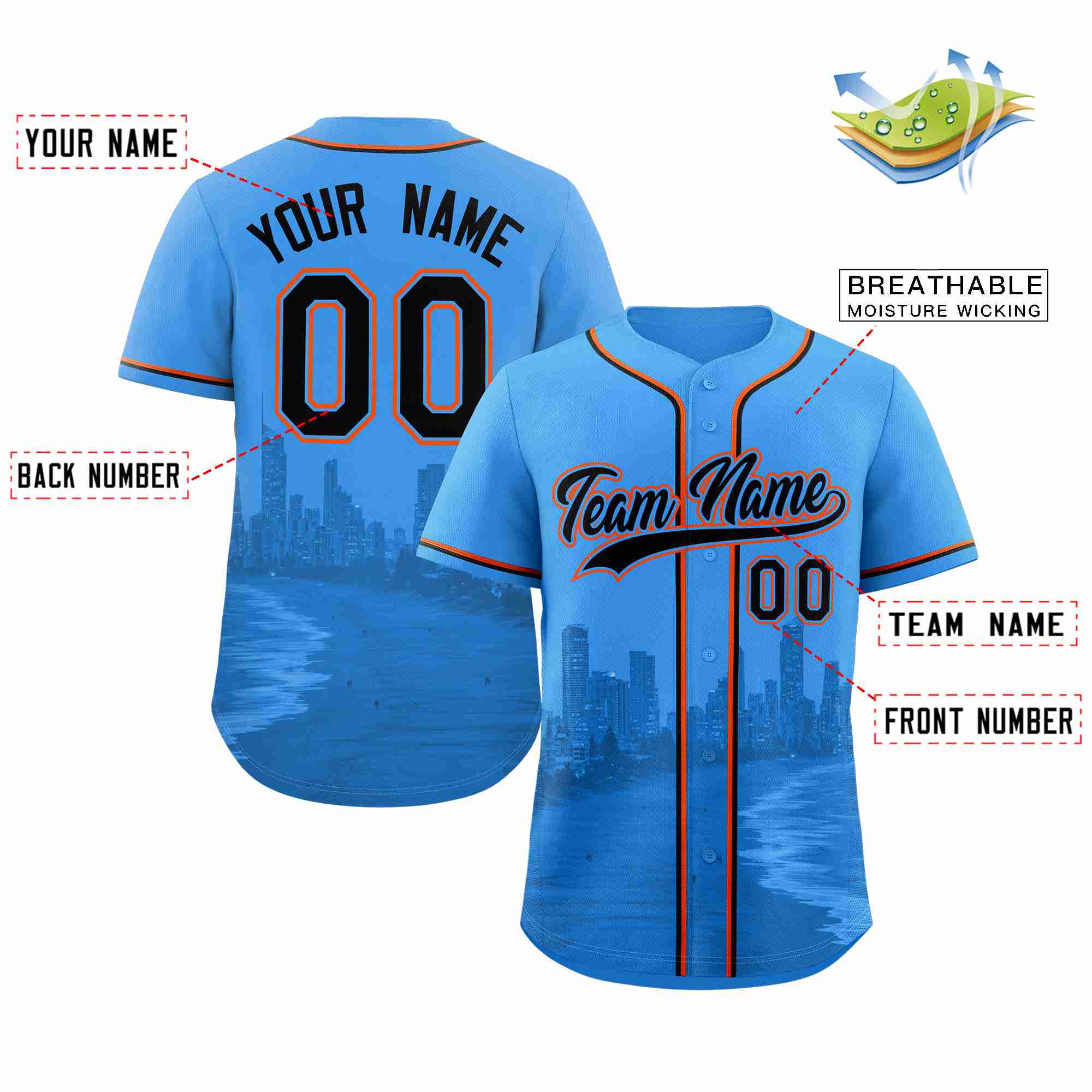 Benutzerdefiniertes Schwarz-Pulverblaues Miami City Skyline Baseball-Trikot