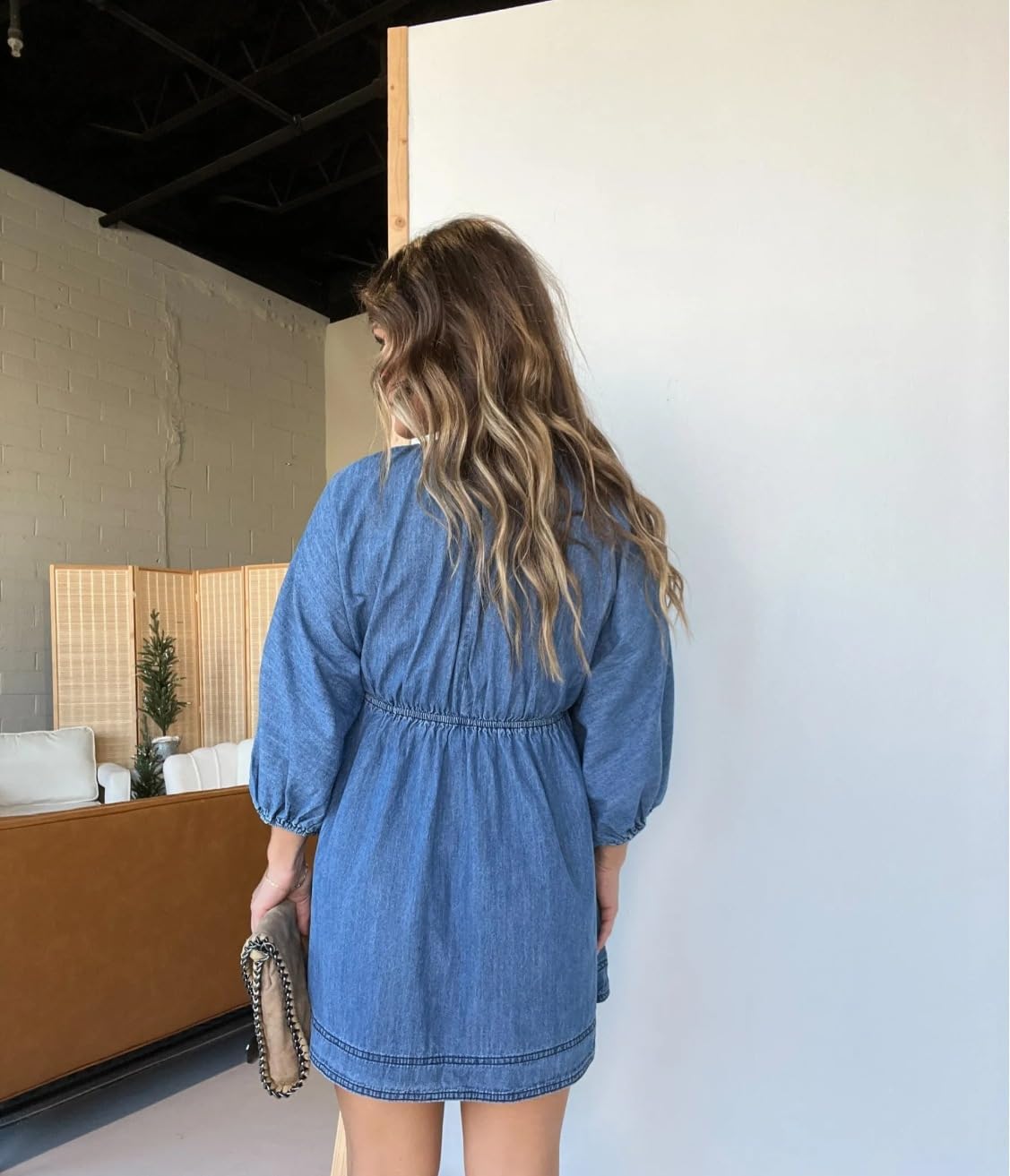 Denim Dress for Women Puff 3 4 Sleeves V Neck Swing A Line Cute Babydoll Mini Jean Dresses