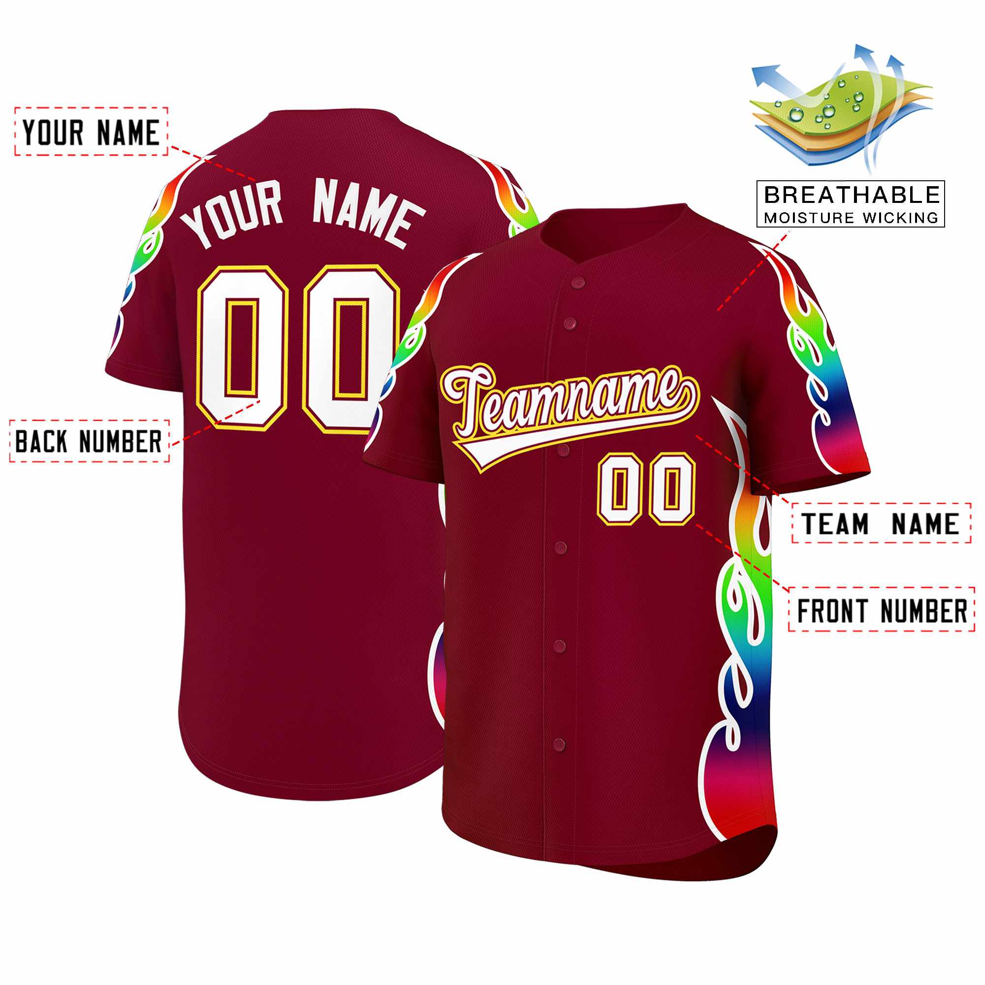 Benutzerdefiniertes Graffiti-Muster, personalisierter mehrfarbiger Flammendruck, authentisches Baseball-Trikot