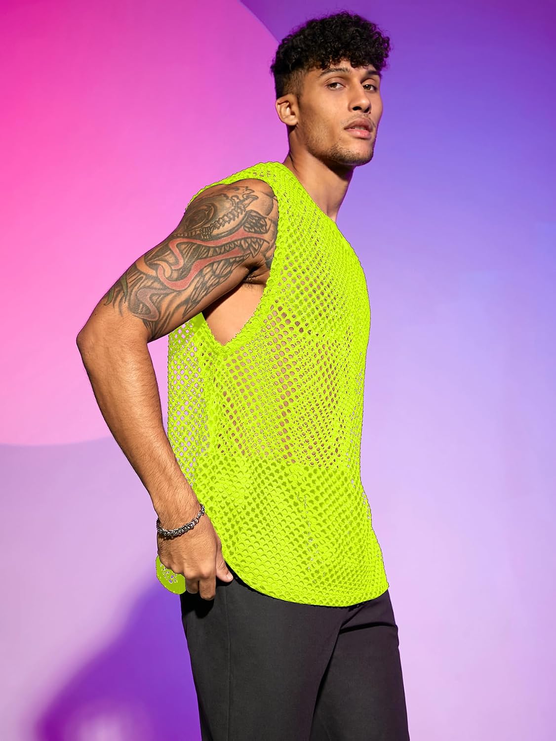 Men's Crochet Hollow Out Tank Top Neon Green