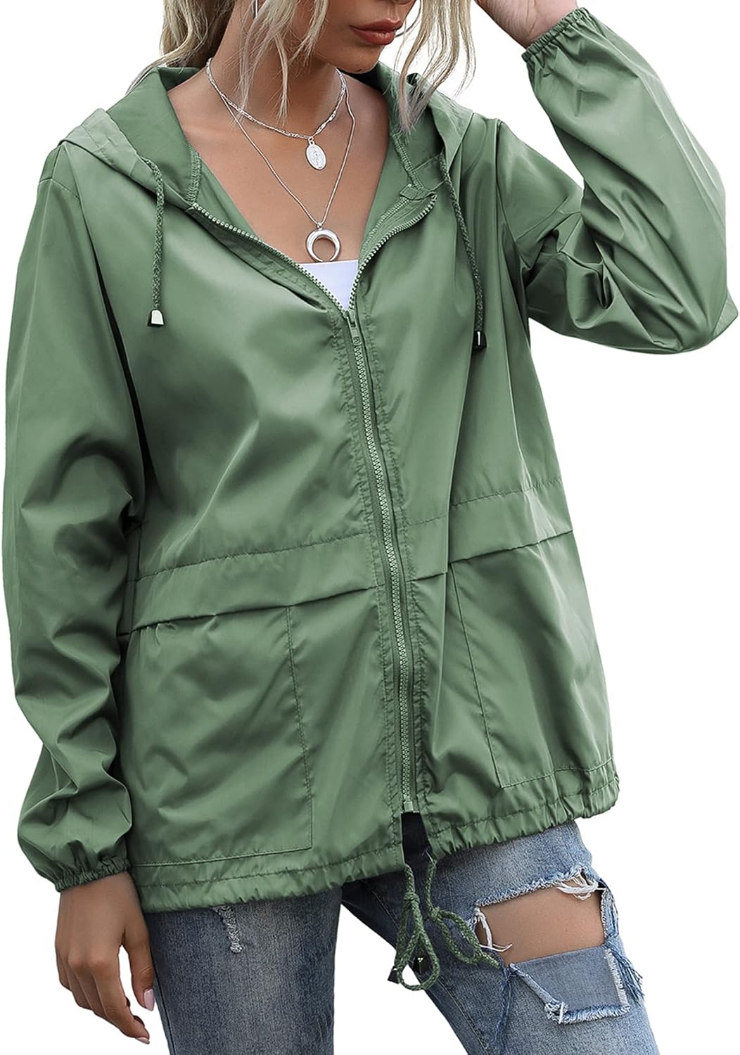 Women's Hooded Rain Jacket Waterproof Lightweight Sage Green