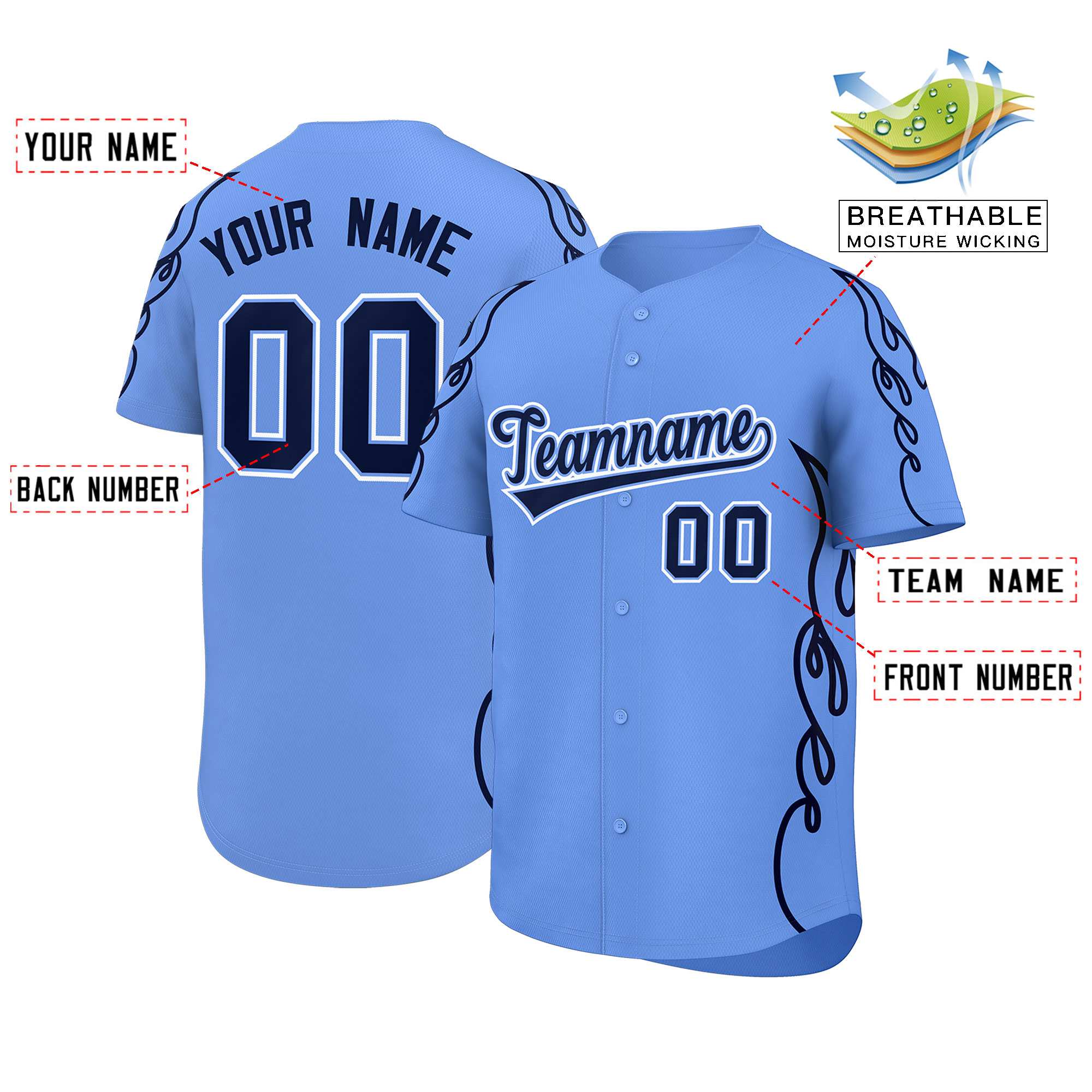 Benutzerdefiniertes Baseball-Trikot mit Seitenflammen-Umrissmuster für Sportuniformen