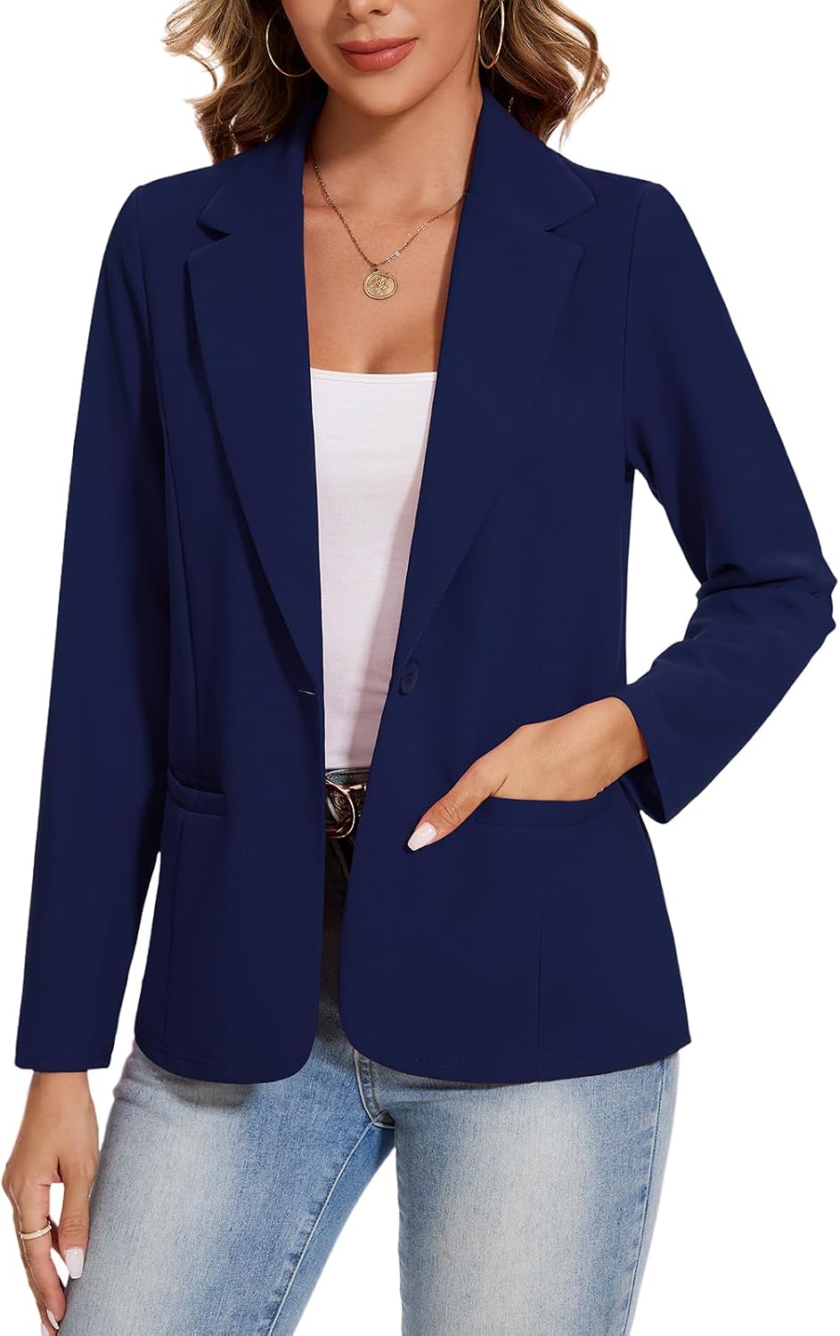 Blazers for Women Long Sleeve Button Front Blazer Lapel Business Casual Work Office Suit Jackets with Pockets