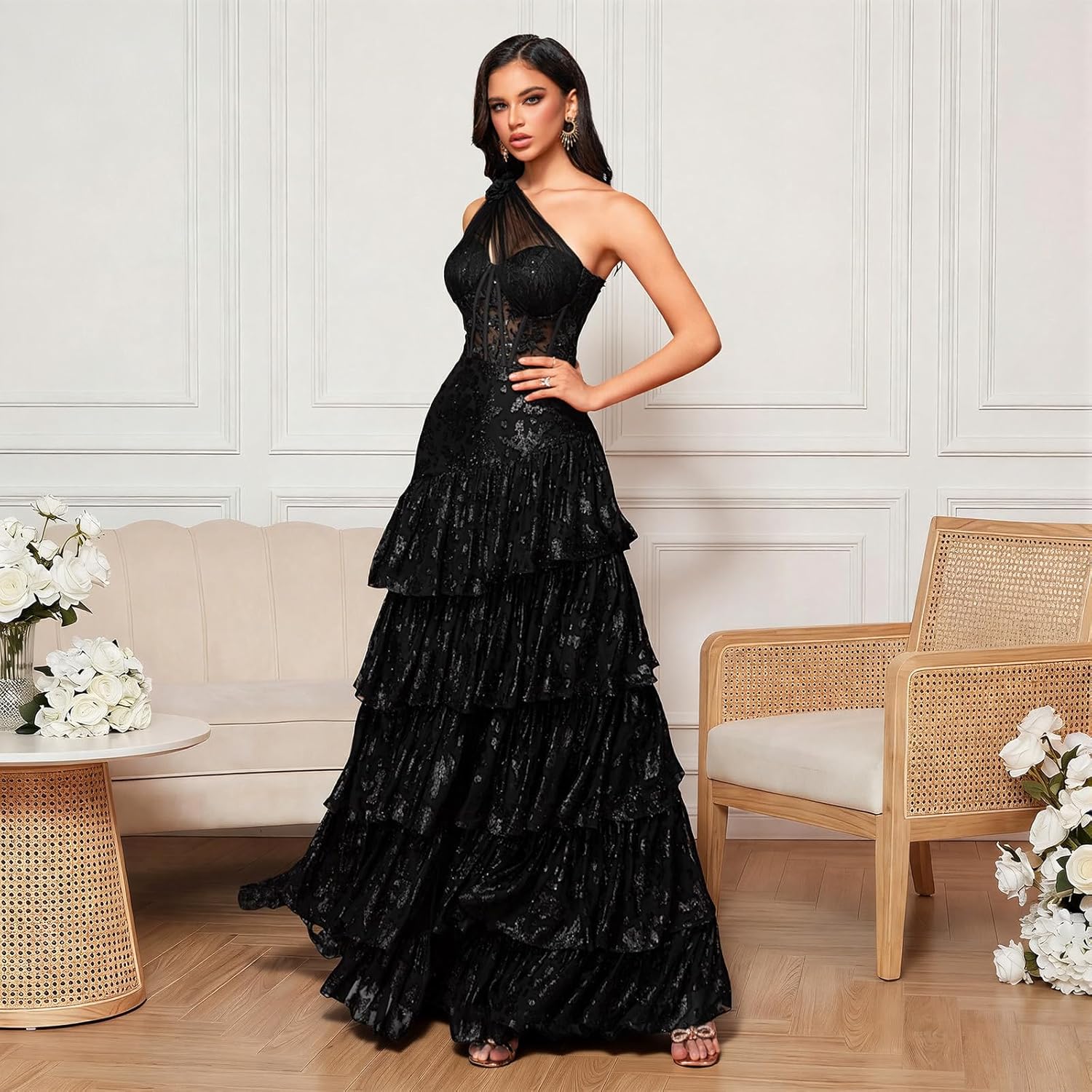 One-Shoulder Wedding Guest Dress with High Slit Semi-Sheer Embroidery Tiered Ball Gown for Party Cocktail