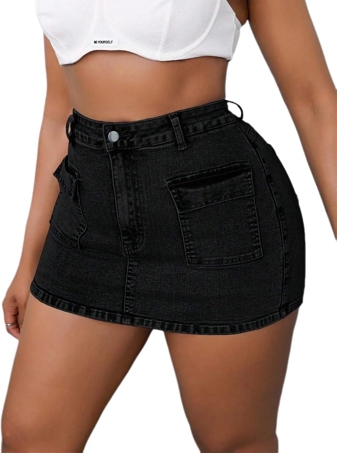 Women's High Waisted Cargo Denim Skort Black