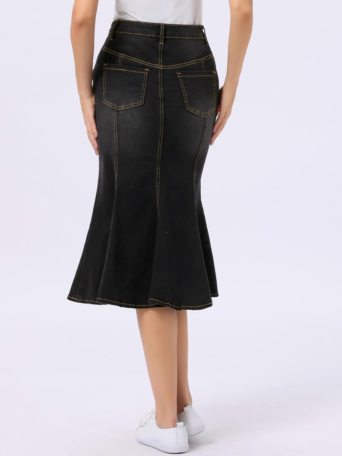 Women's Denim Fishtail Midi Skirt High Waist Black