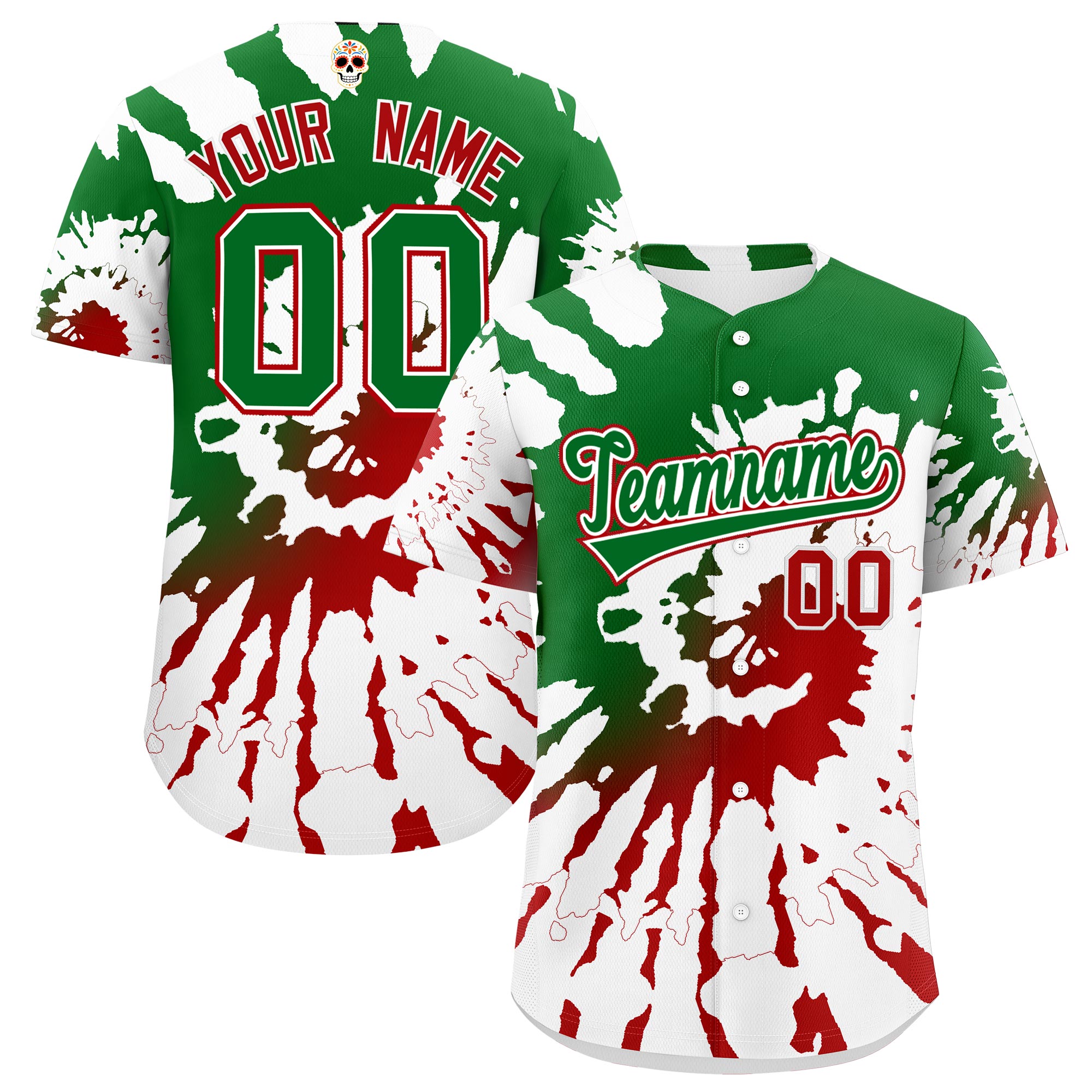 Benutzerdefiniertes Baseball-Trikot aus Stretchstoff mit Graffiti-Muster im mexikanischen Stil Benutzerdefiniertes Baseball-Trikot aus Stretchstoff mit Graffiti-Muster im mexikanischen Stil