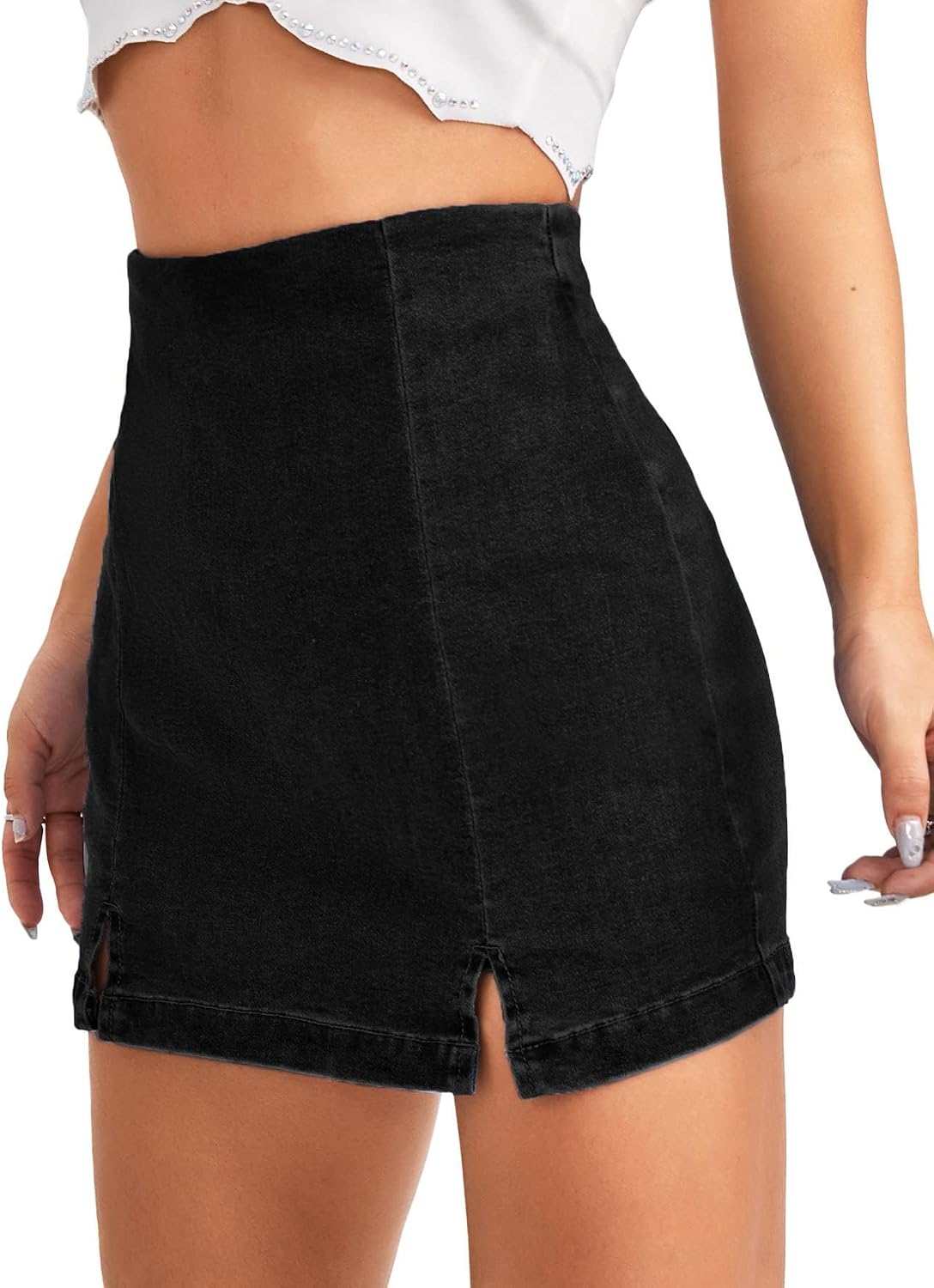 Women's High Waisted Denim Skort Black Split Hem