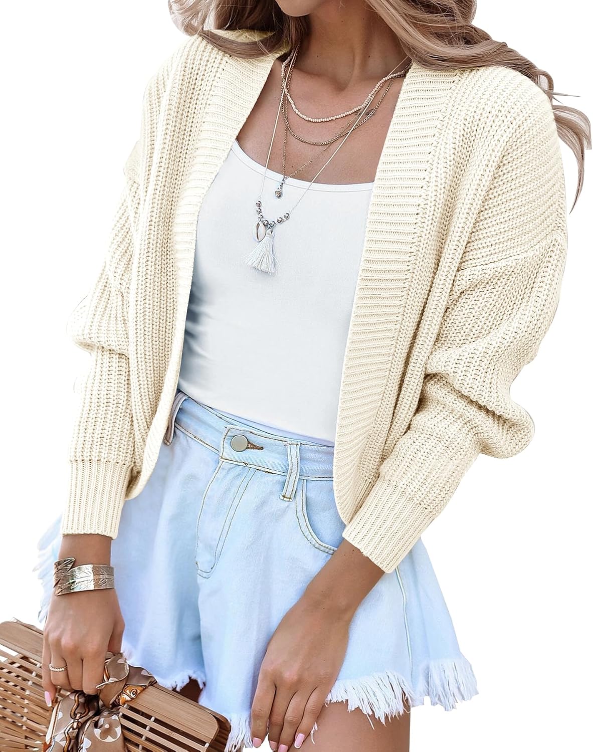 Women's Long Sleeve Open Front Knit Cropped Cardigan Sweaters Casual Drop Shoulder Short Shrugs Sweater Coats