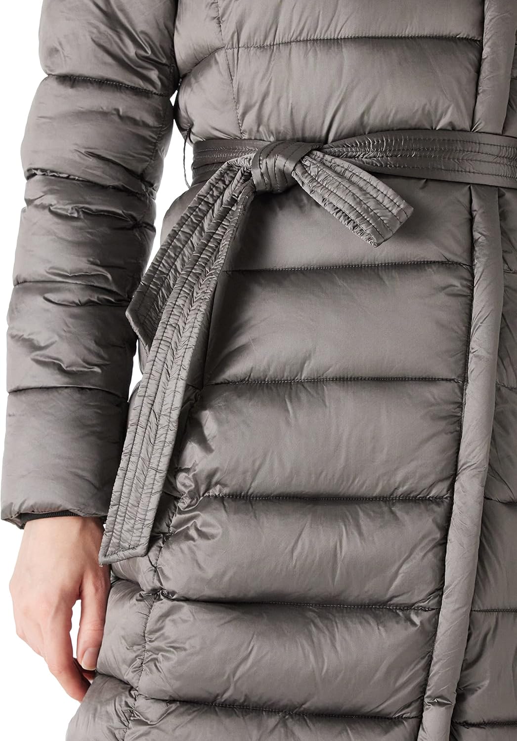 Women's Long Belted Puffer Coat High Neck Charcoal