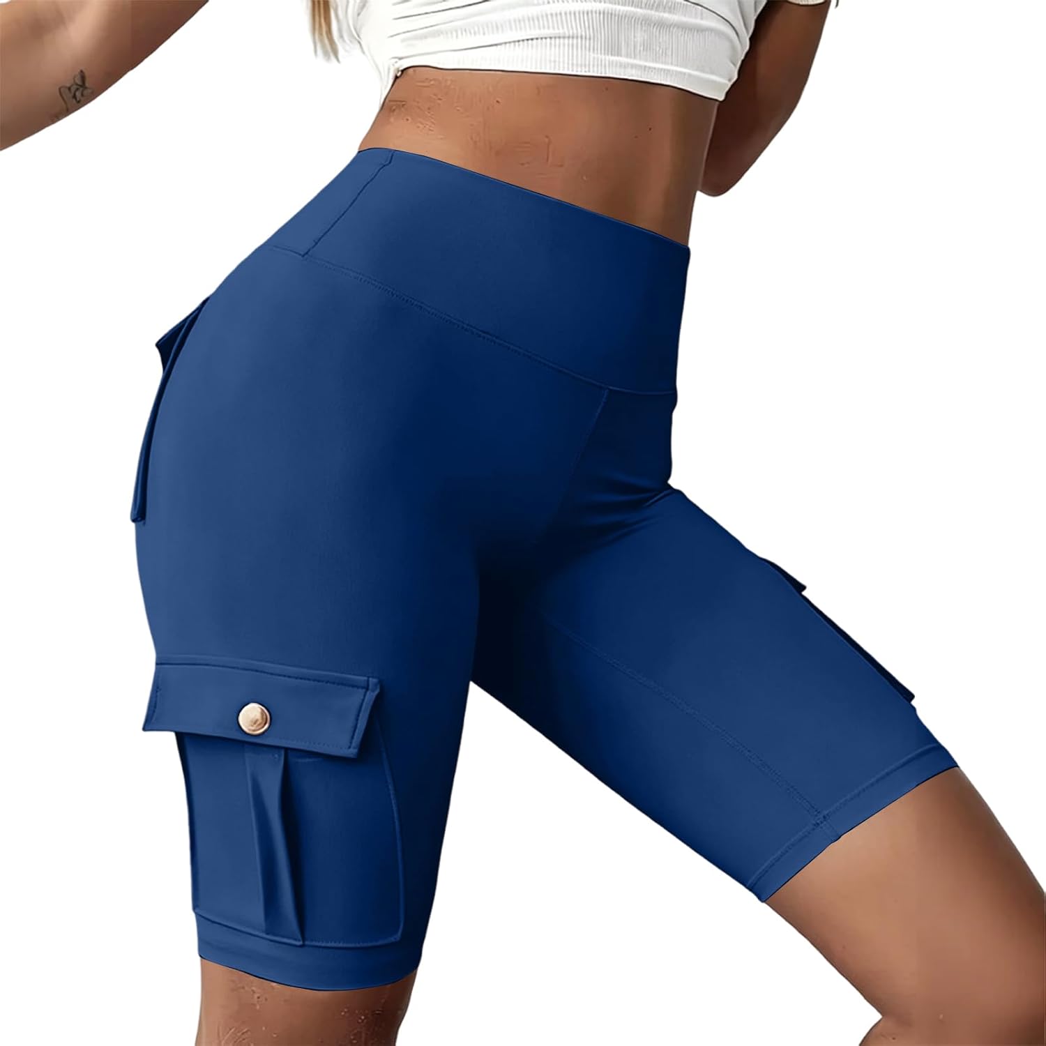 Workout Shorts Women Cargo Tummy Control Biker with Pockets High waisted multi button suited for gym workouts and daily casual errands