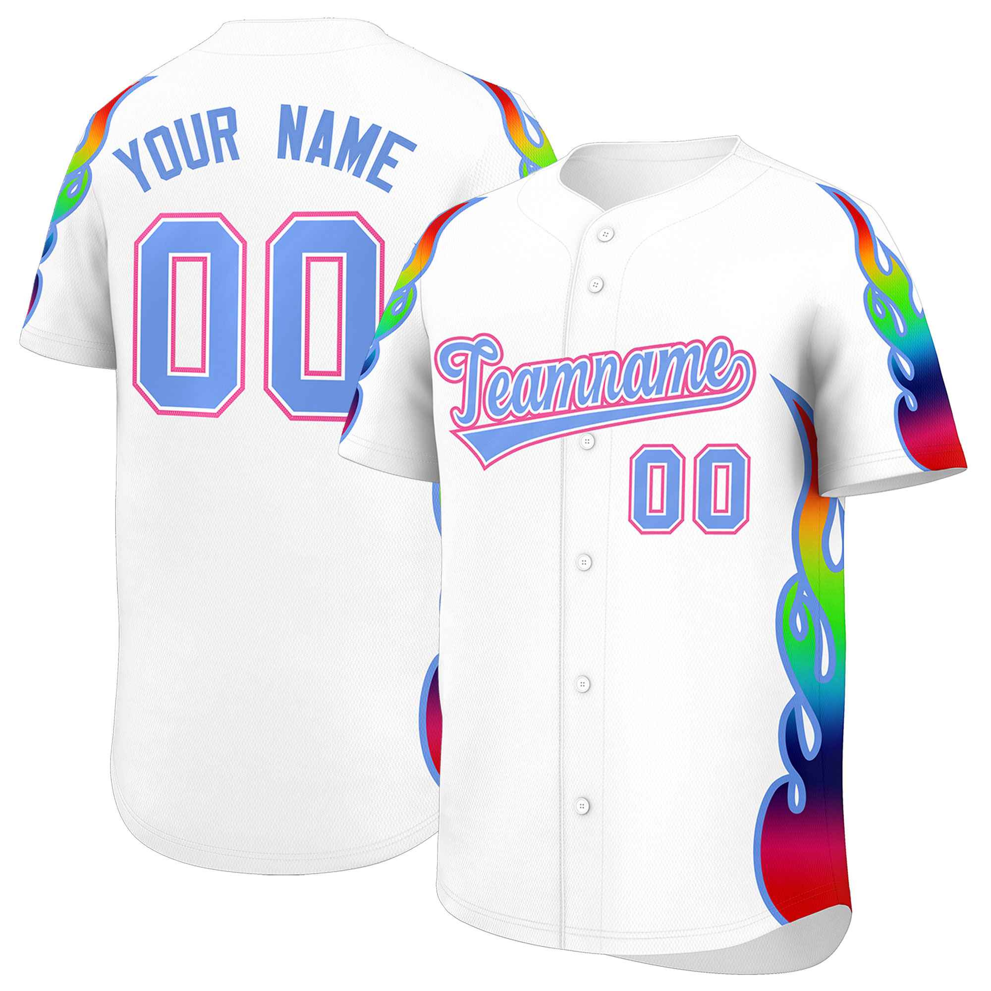 Benutzerdefiniertes Graffiti-Muster, personalisierter mehrfarbiger Flammendruck, authentisches Baseball-Trikot