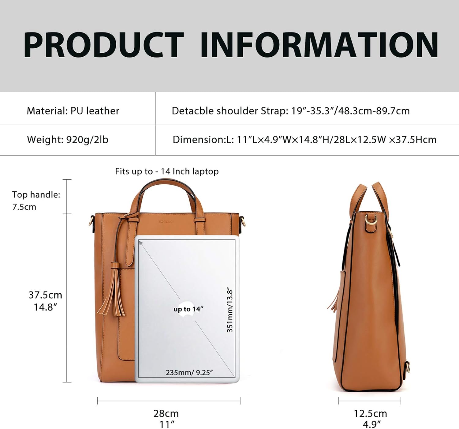 Women's Convertible Vegan Leather Tote Handbag, Brown