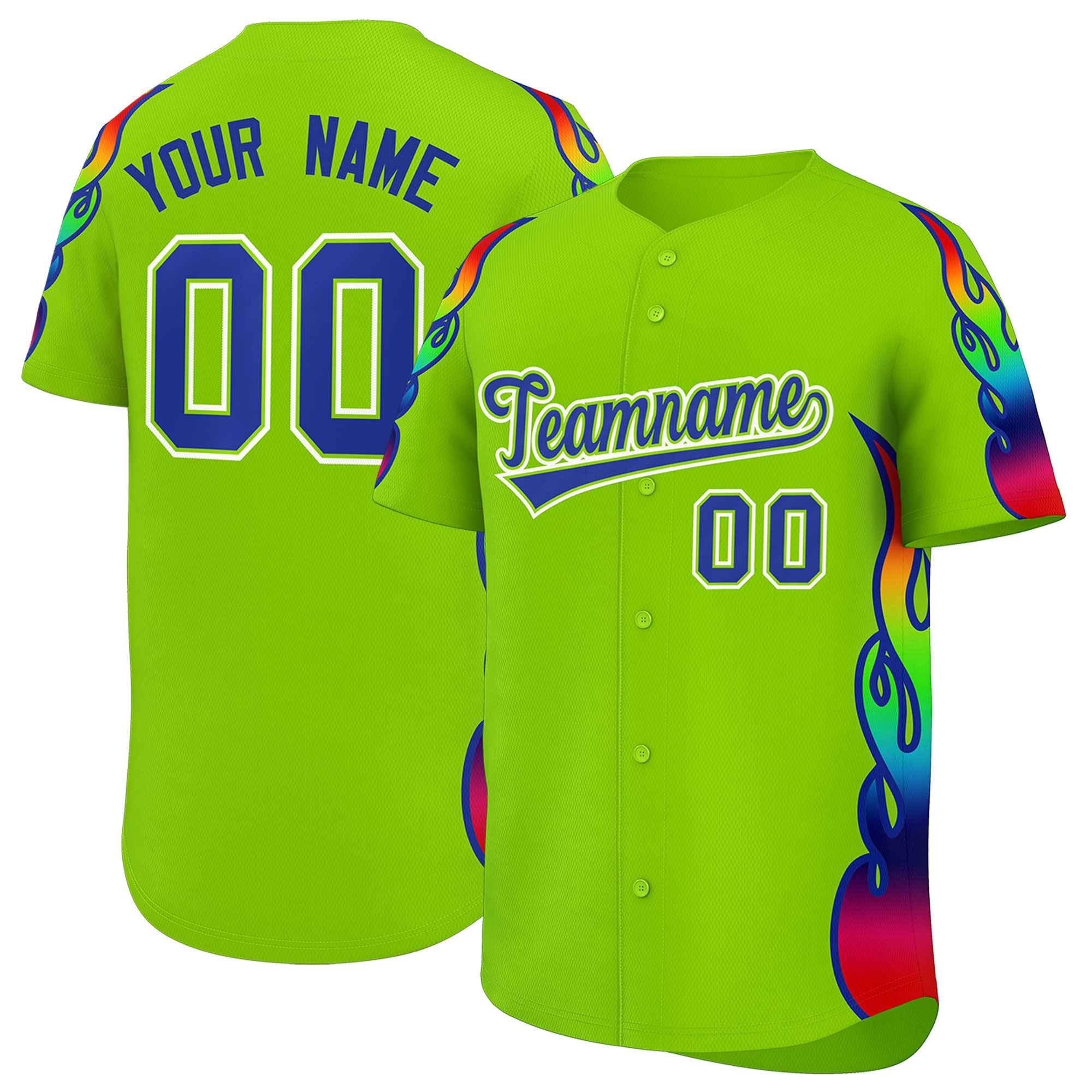 Benutzerdefiniertes Graffiti-Muster, personalisierter mehrfarbiger Flammendruck, authentisches Baseball-Trikot