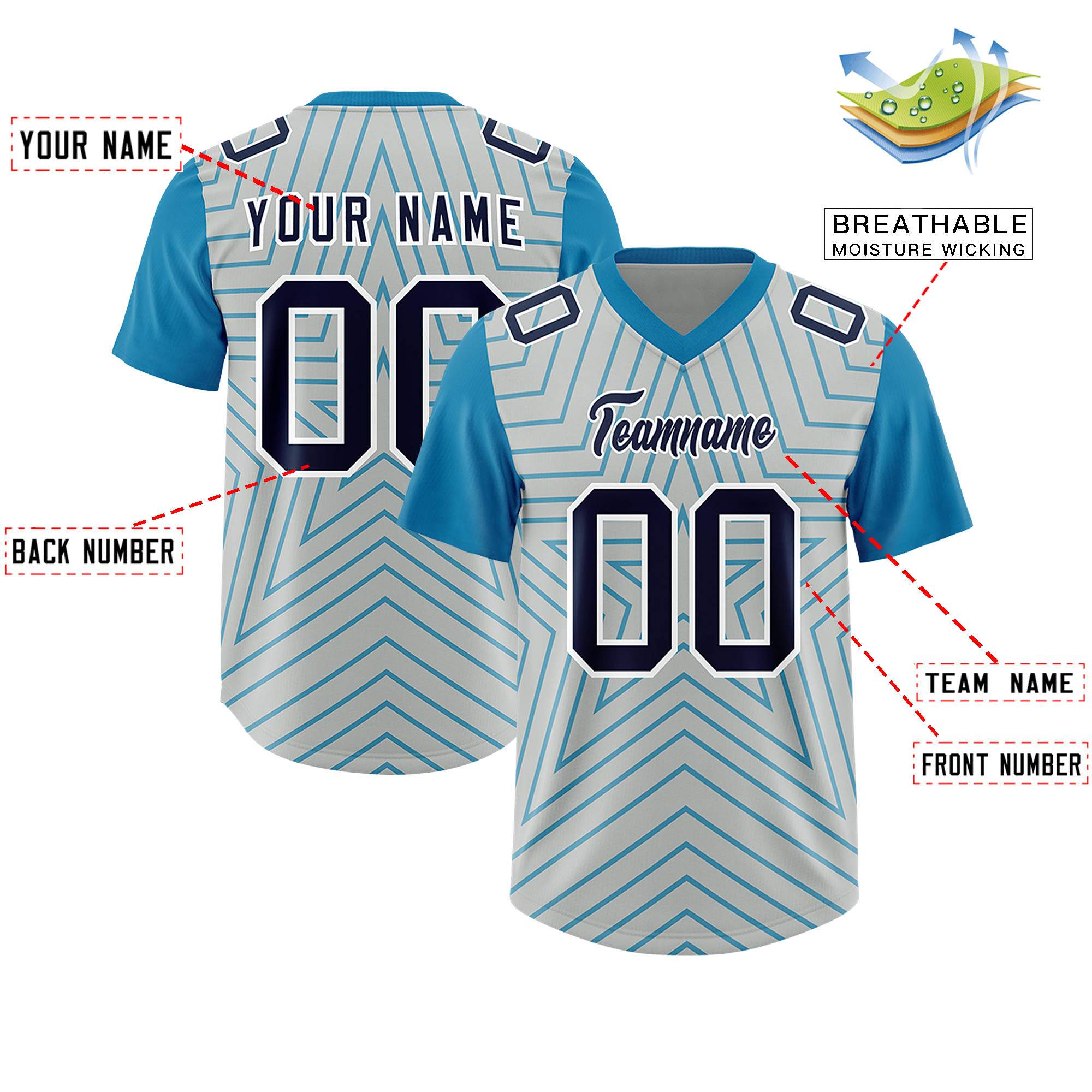 Benutzerdefiniertes graues Panther-Blau, personalisiertes Sternmuster, Raglanärmel, authentisches Fußballtrikot