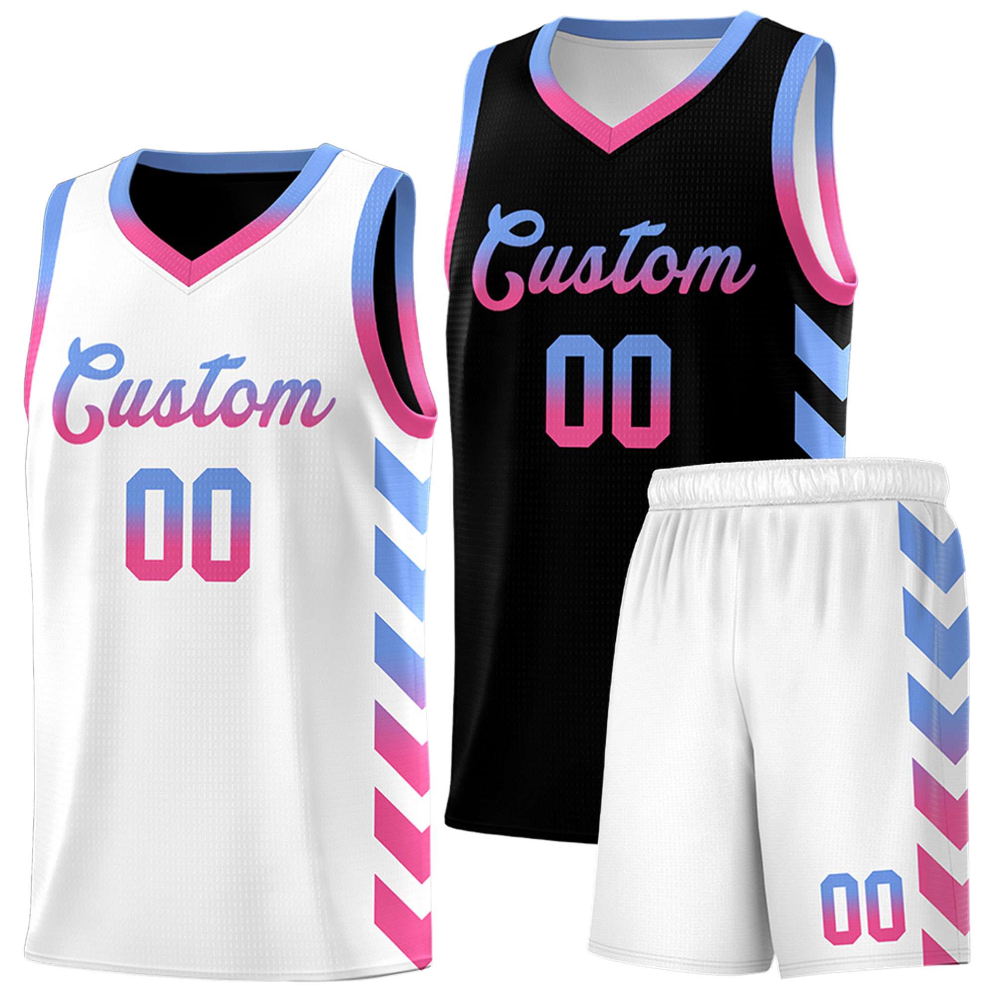 Maßgeschneiderte wendbare Basketball-Trikot-Sets in Weiß und Schwarz seitlicher Pfeil hellblauer rosa Farbverlauf