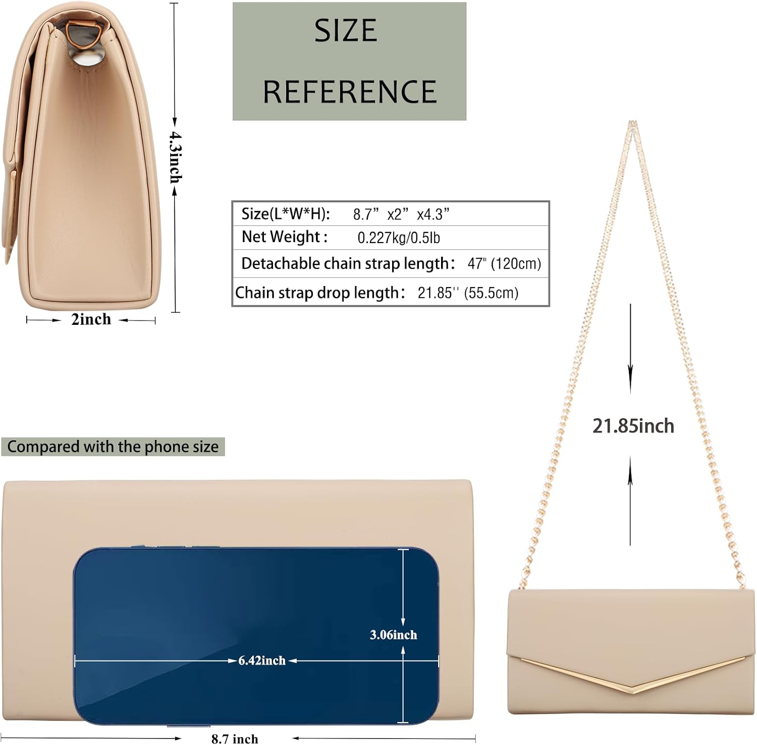 Women's Beige Envelope Clutch with Gold Trim and Chain