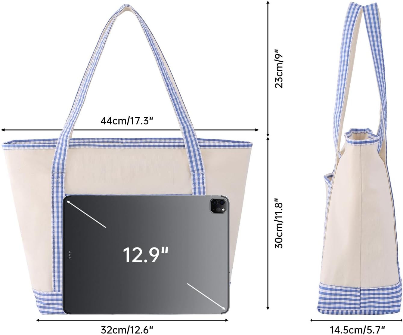 Women's Canvas Gingham Trim Tote Bag Beige Blue