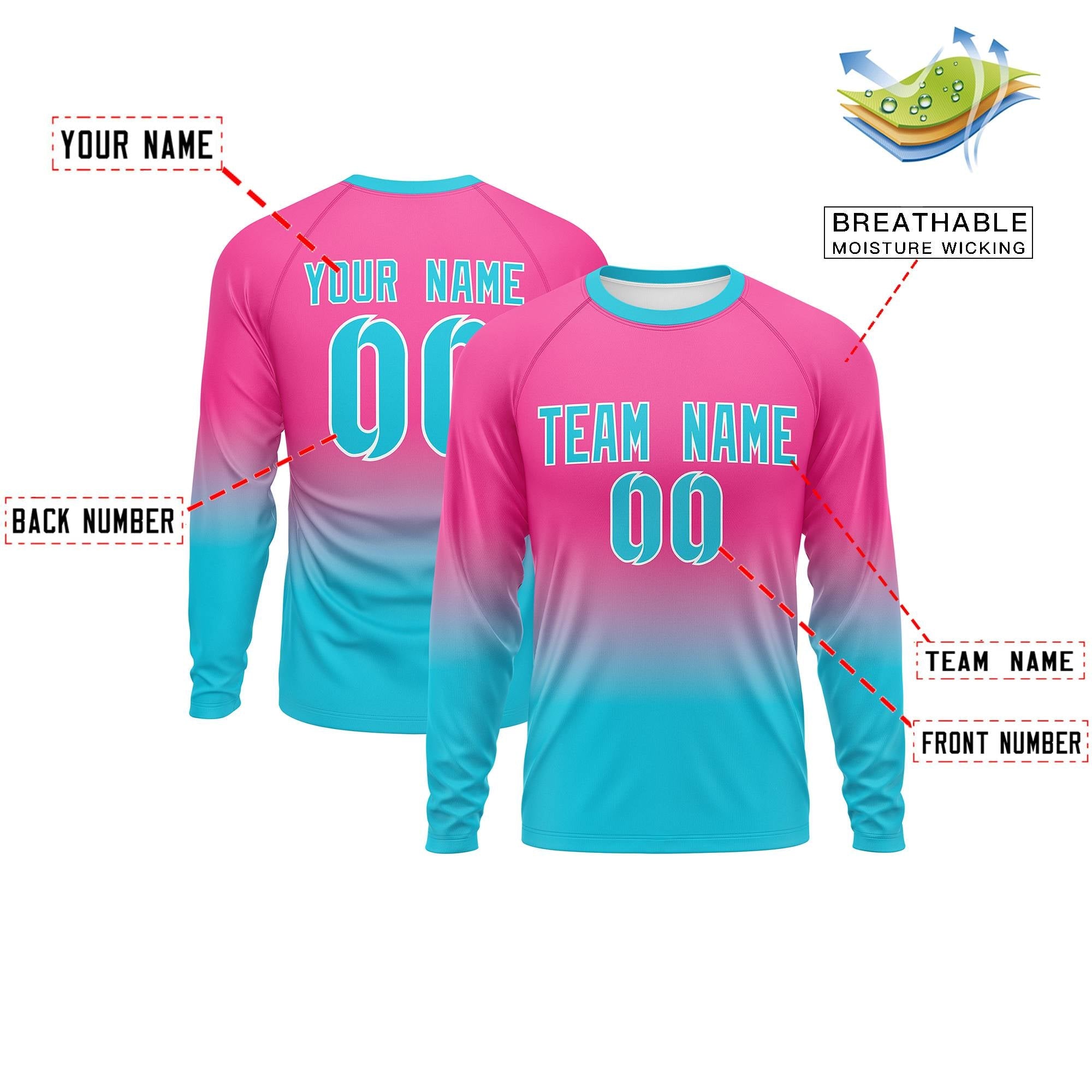 Benutzerdefiniertes langärmliges Performance-T-Shirt mit Farbverlauf in Rosa und Himmelblau mit modischem Design
