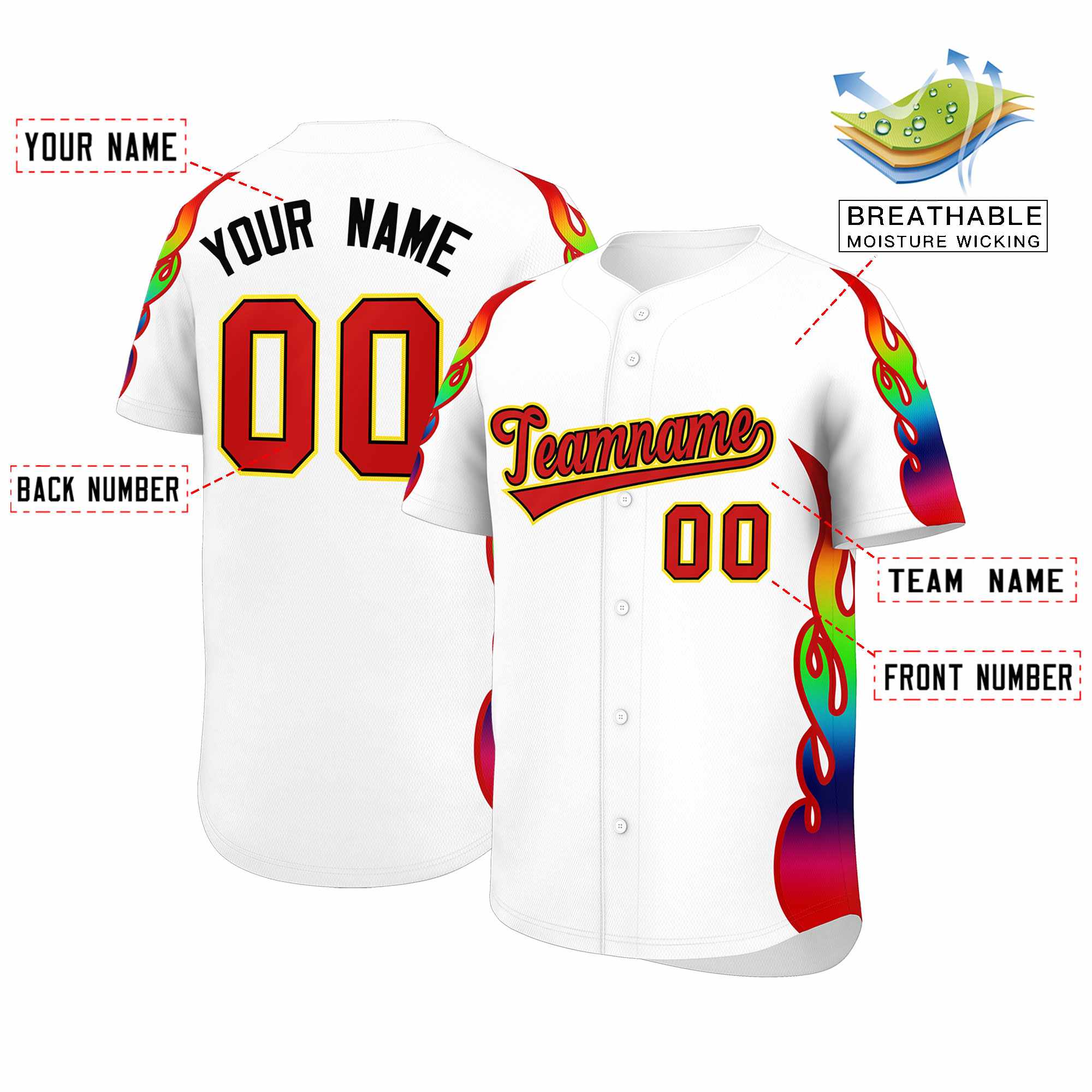 Benutzerdefiniertes Graffiti-Muster, personalisierter mehrfarbiger Flammendruck, authentisches Baseball-Trikot