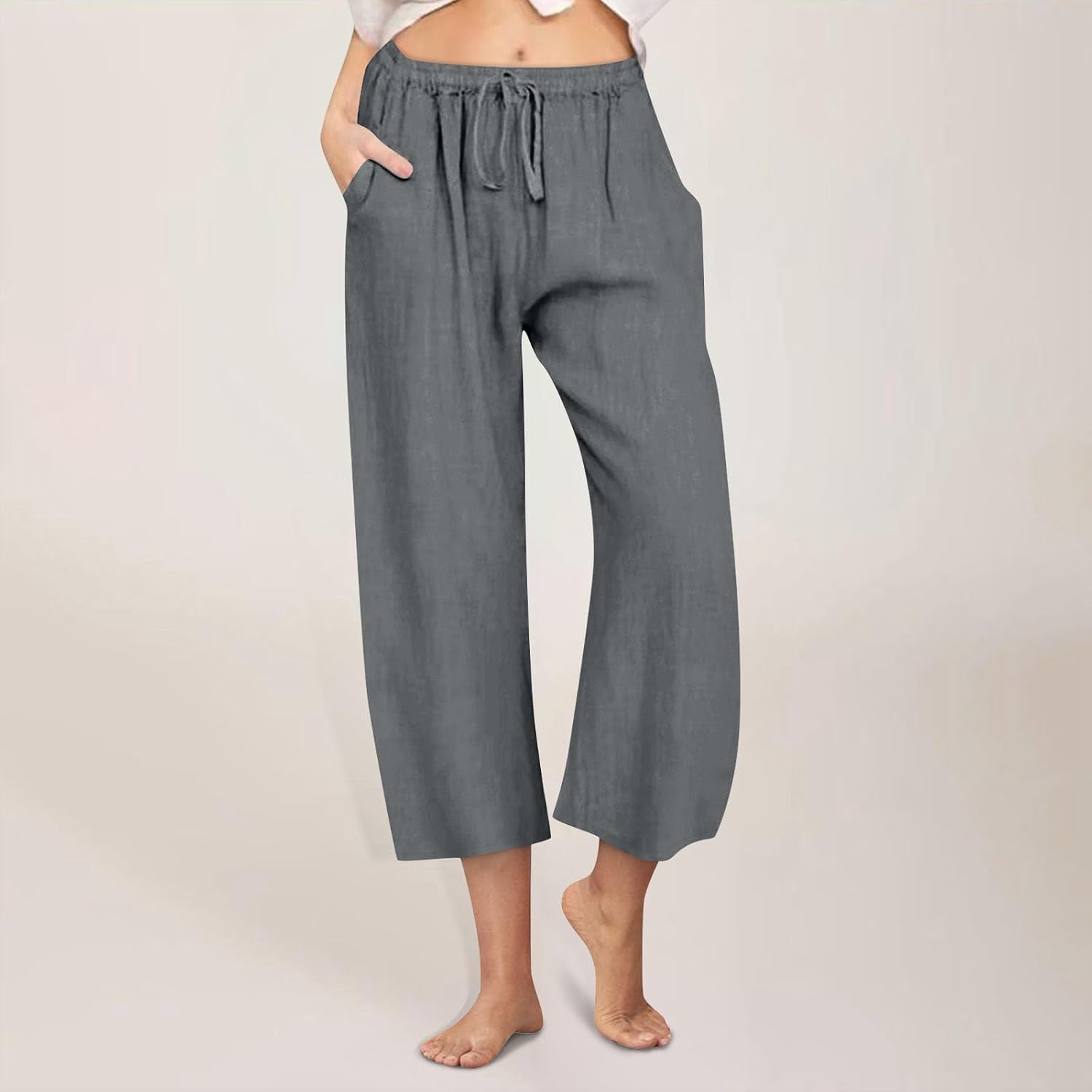 Cropped Linen Pants Women Casual High Waisted Wide Leg Lounge Pant Lightweight Cotton Capris with Pockets