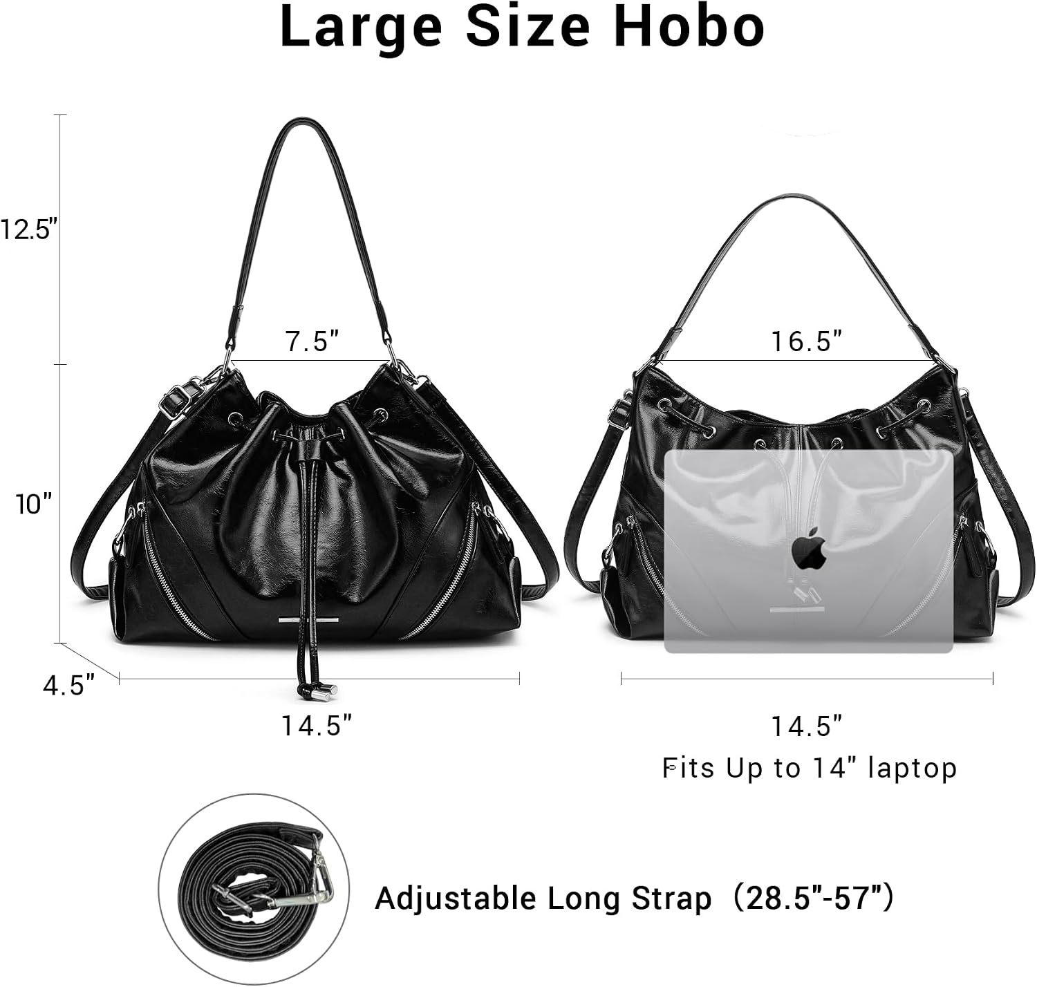 Women's Large Hobo Bucket Tote Bag Black Women's Large Hobo Bucket Tote Bag Black