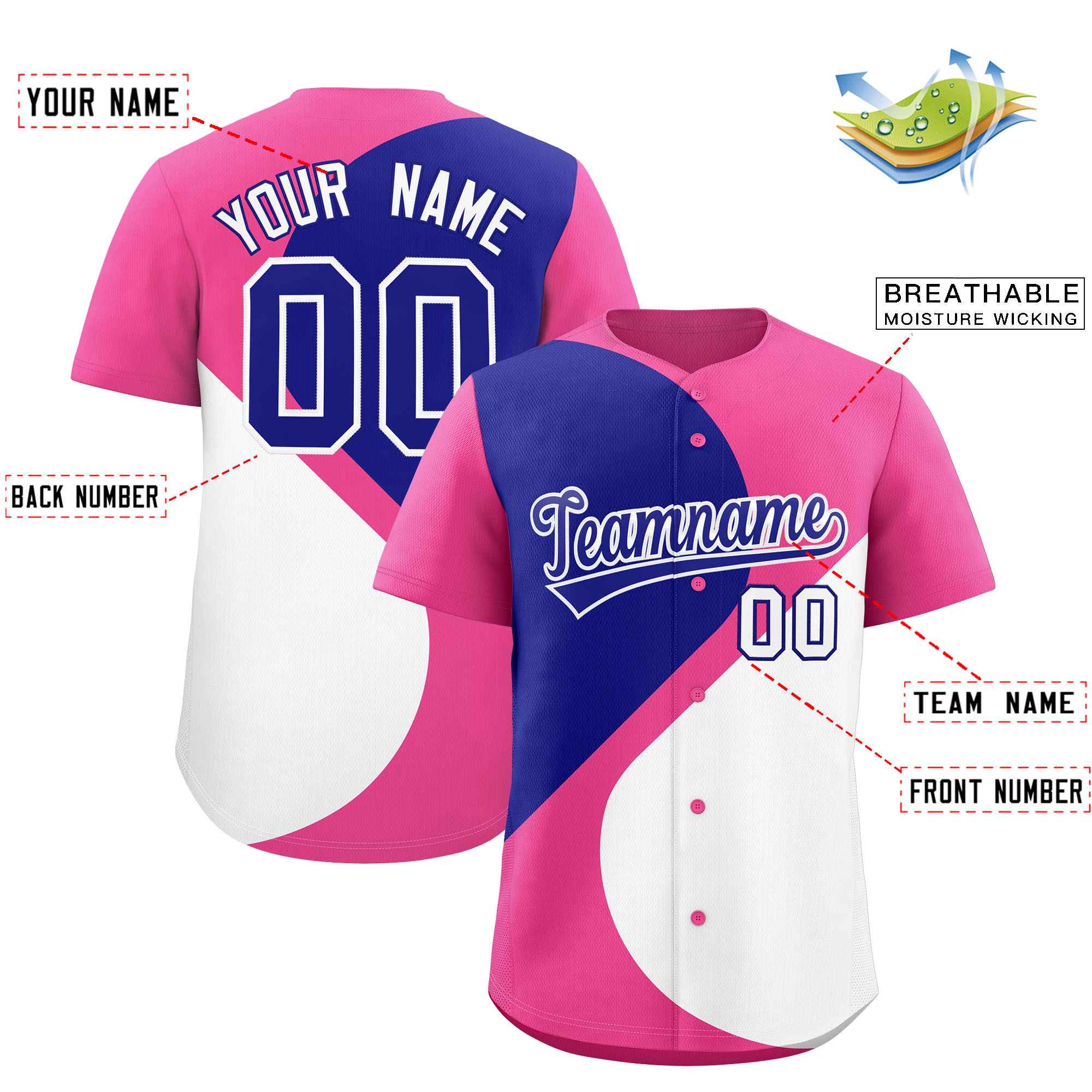 Benutzerdefiniertes, personalisiertes, authentisches Baseball-Trikot mit halbem Herzmuster und Farbblock