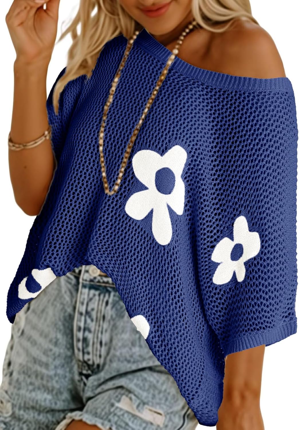Women's Blue Floral Open Knit Pullover Sweater