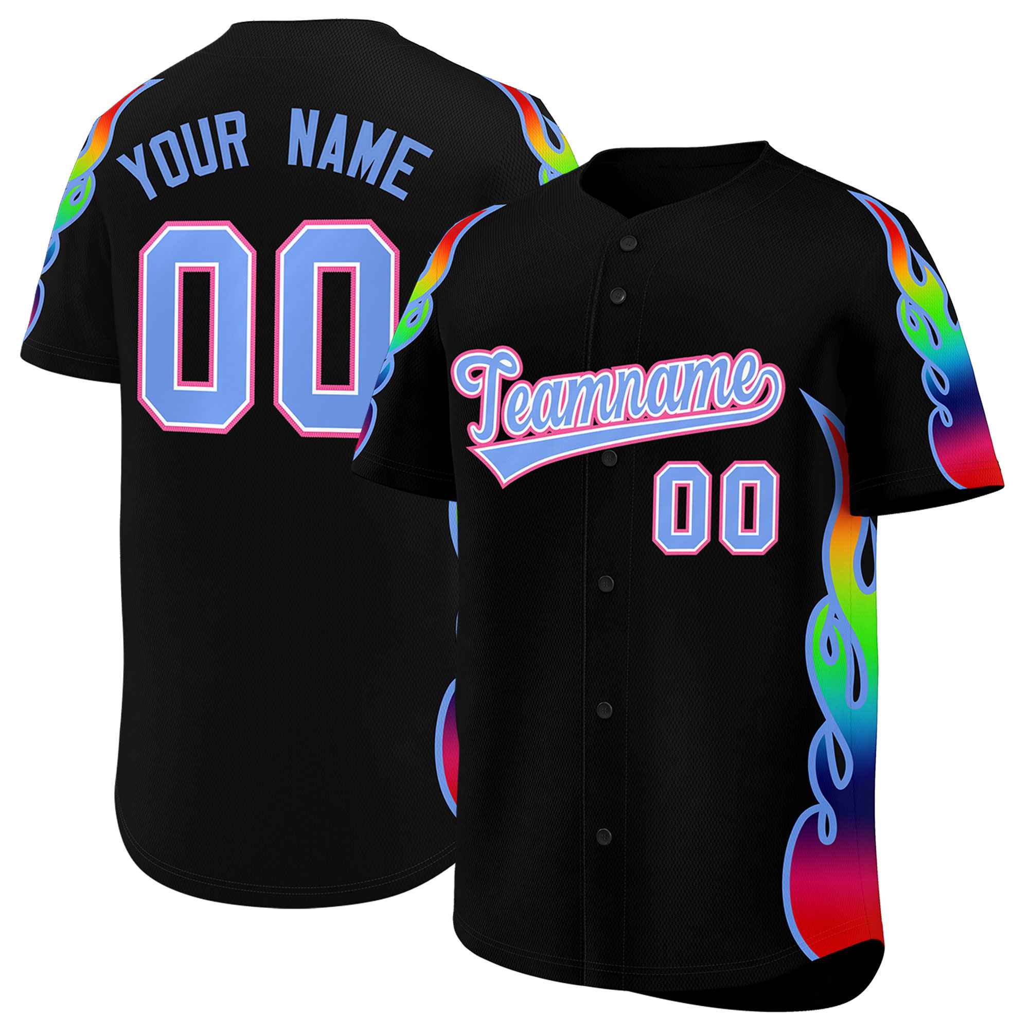 Benutzerdefiniertes Graffiti-Muster, personalisierter mehrfarbiger Flammendruck, authentisches Baseball-Trikot