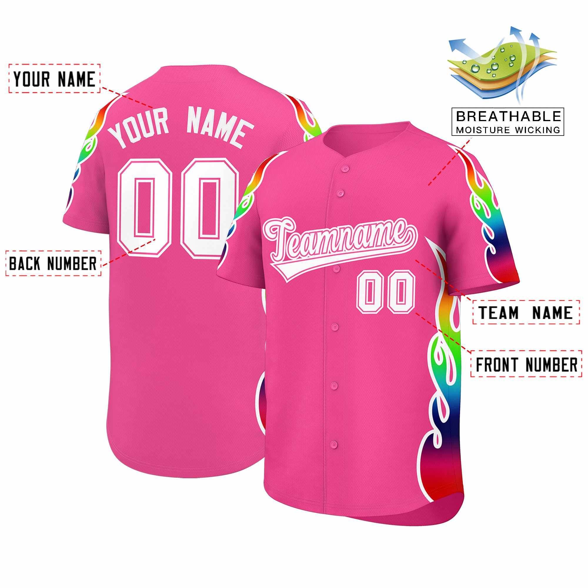 Benutzerdefiniertes Graffiti-Muster, personalisierter mehrfarbiger Flammendruck, authentisches Baseball-Trikot