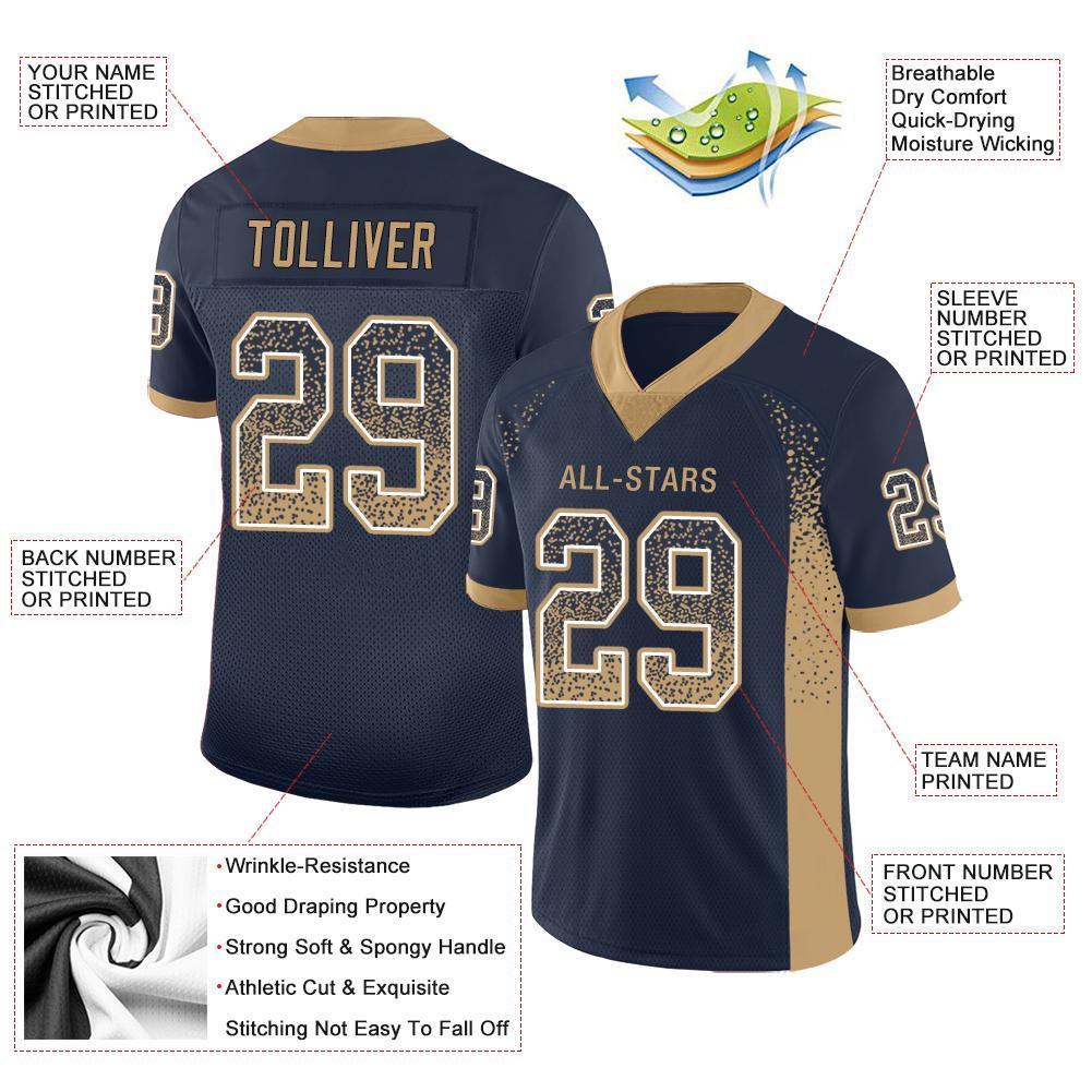 Benutzerdefiniertes authentisches Drift Fashion Mesh-Fußballtrikot in Marineblau und Altgold-Weiß