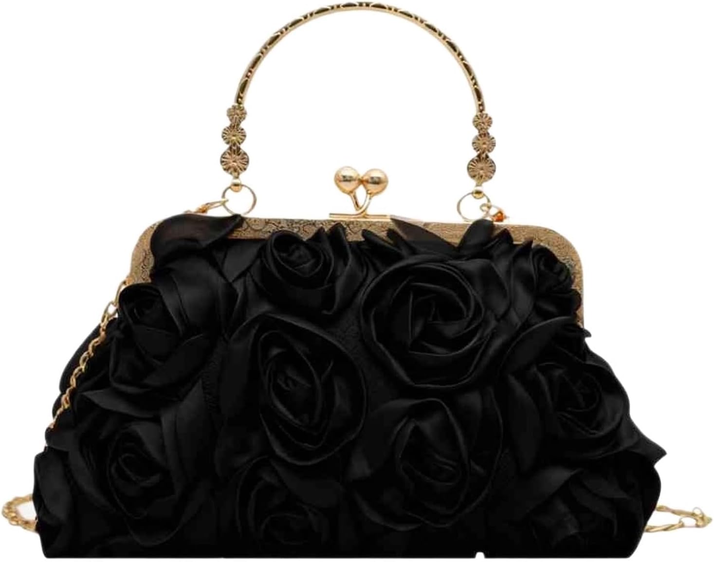 Women's Black Floral Kiss Lock Clutch with Gold Chain