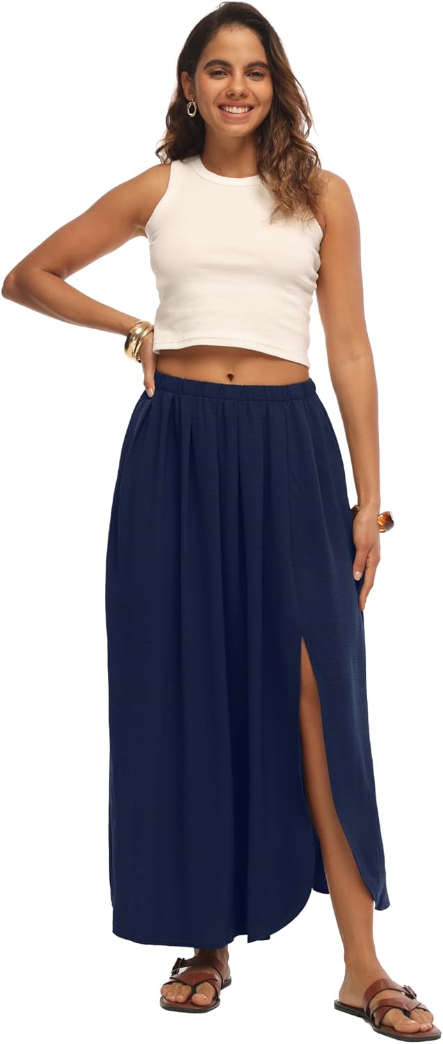 Womens Maxi Skirts High Waisted Flowy A Line Weekend Skirt with Side Slit for Spring Summer